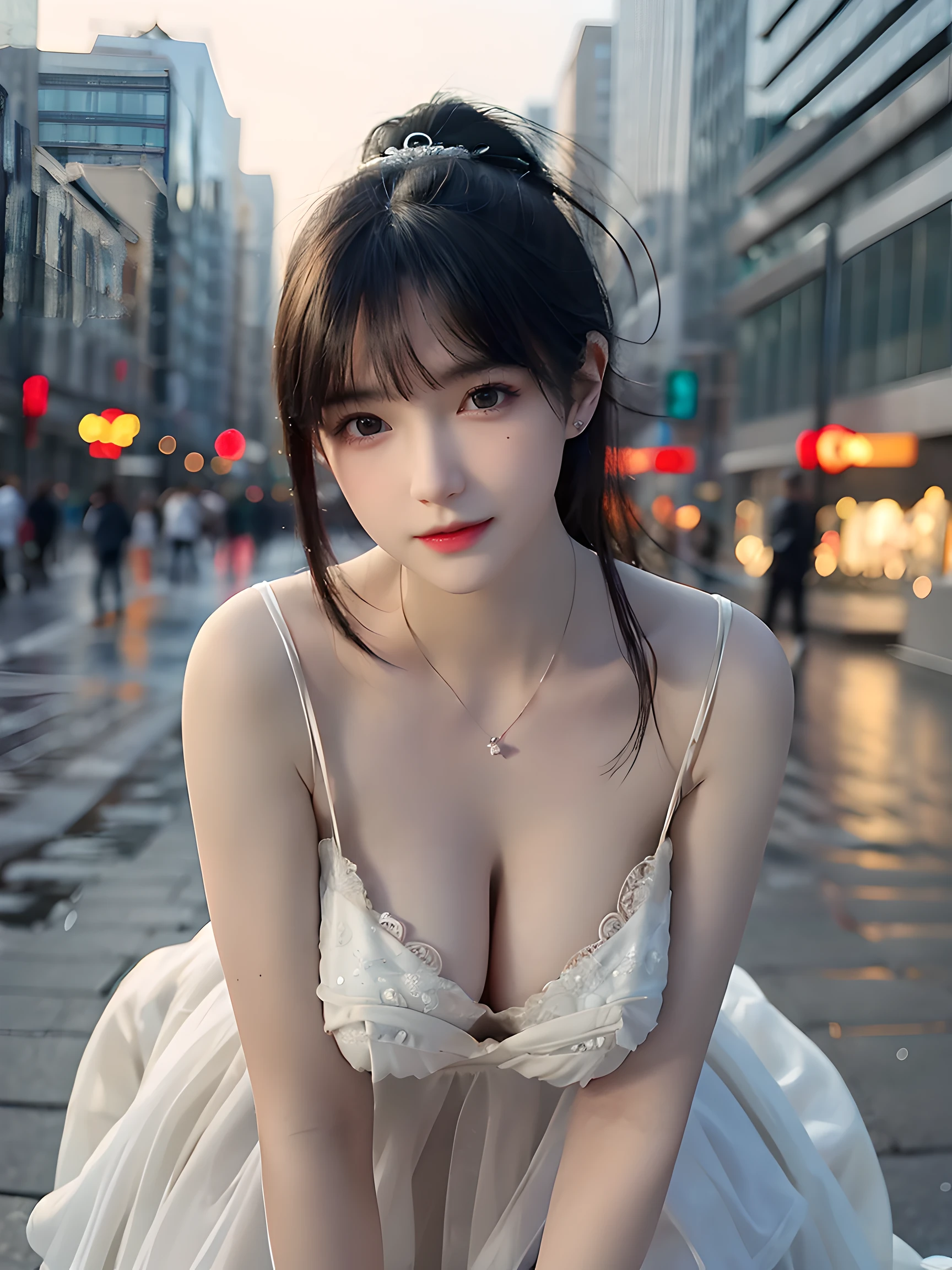 ((addielyn, wearing glass, black hair)), Random posture, (An extremely delicate and beautiful work), (masterpiece), 1girl, extremely detailed elegant wedding dress, tiara, highly detailed, ponytail contorted, charming expression, beautiful and clear eyes, green eye pupil, delicate necklace, delicate earrings, simple blurred background, extreme detail description, beautiful, charming, ultra-fine painting, delicate face, delicate figure, Fine collarbones, lovely lips, soft behind, mix4,(8k, RAW photo, best quality, masterpiece:1.2), (realistic, photo-realistic:1.37),1girl,cute,cityscape, night, rain, wet, professional lighting, photon mapping, radiosity, physically-based rendering, above waist,
