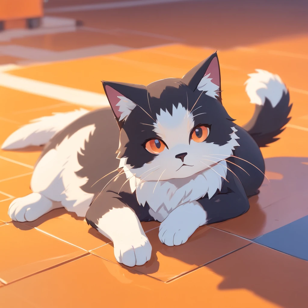 Cute isometric cat emoticon, tuxedo jack, black and white cat, Fluffy and cute, Kitten lying on its side,With his eyes closed ,Pastel gold background, soft and muted colors, 3d icon clay render, springtime: 120mm, 3d blender render, Trending on Polycount, modular constructivism, Orange background, physically-based renderingt,