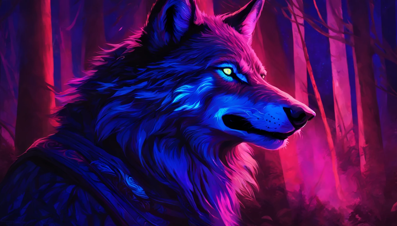 Portrait of a Wolf with blacklight makeup, fantasy, highly detailed, digital painting, artstation, concept art, sharp focus, illustration,