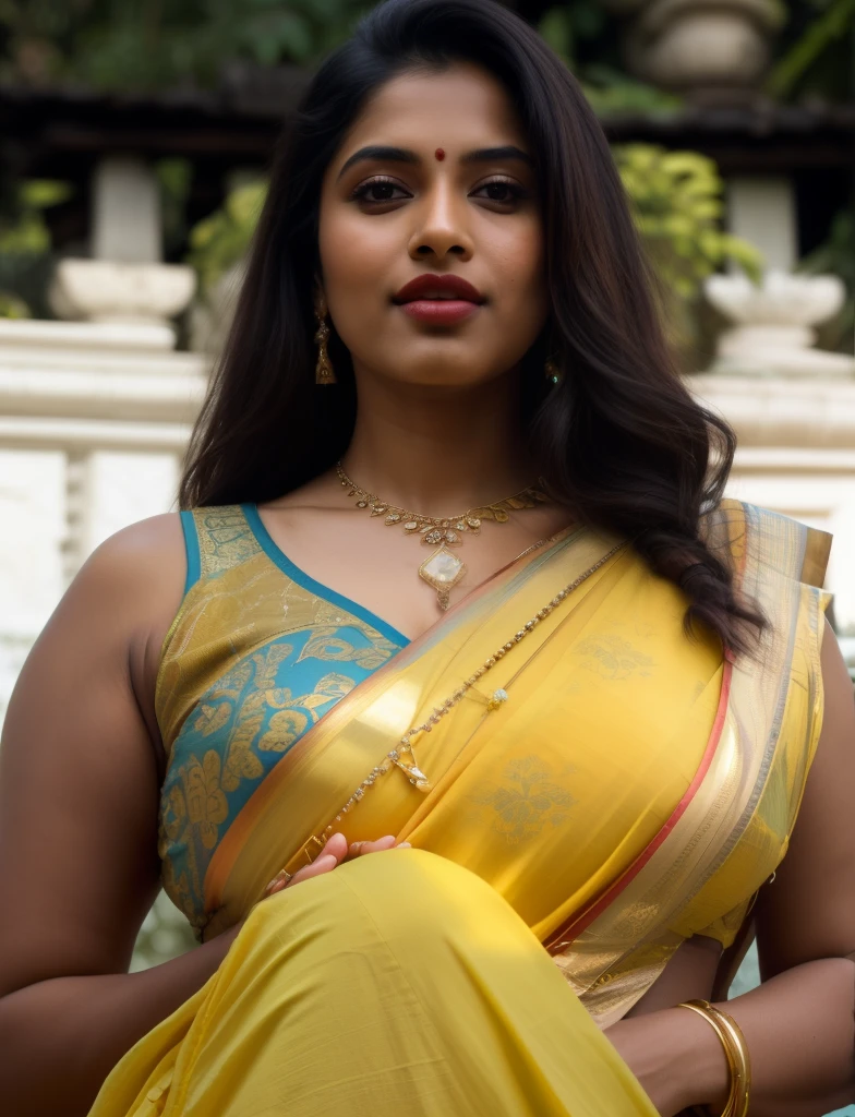 day scene, extreme close up photo of seductive indian model from top view wearing semi yellow top with big breast, big cheeks, red Hollywood lips, squatting near shrub in a garden, hourglass figure, armpits, (blue eyes:1), ponytail, necklace, 30 yo, look at viewer and smile,forest background (cinematic:1.3), intricate details, (ArtStation:1.2)