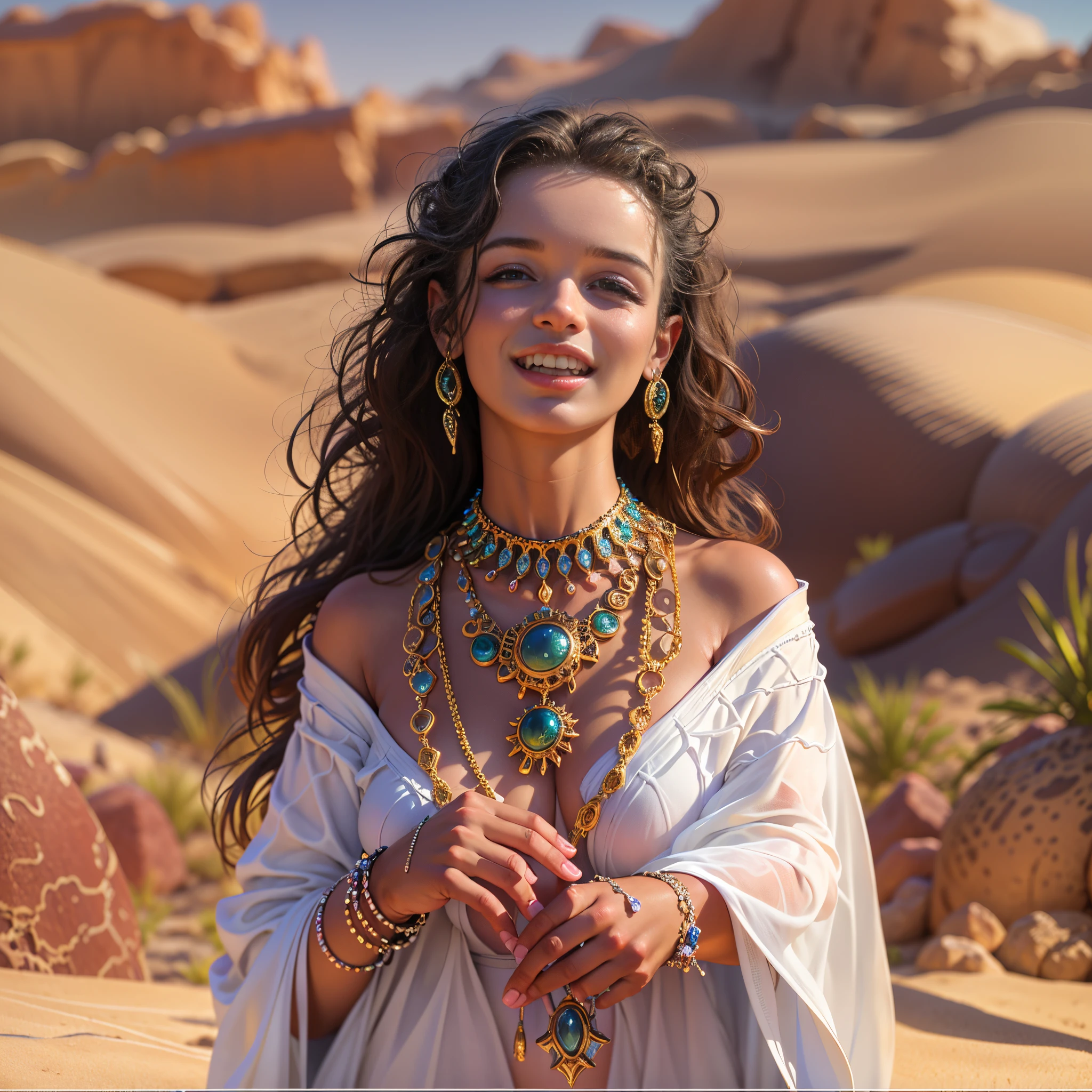 (Best quality, 8k, 32k, Masterpiece, UHD:1.2) water nymph welcomes you to her private oasis, deep in the desert, jewelry, clothed, sfw, north africa, closeup, smile, renatadaninsky