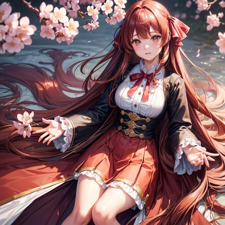 are communicating,femele, cherry blossom in full bloom, skirt by the, Long sleeves, Brown Long Hair, Red Hair Ribbon,Brown eyes, magnificent scene, best composition, (masutepiece, Best Quality, Hires, High quality, By a professional artist, ultra-detailliert, Extremely detailed, absurderes, Incredible resolution:1.2)