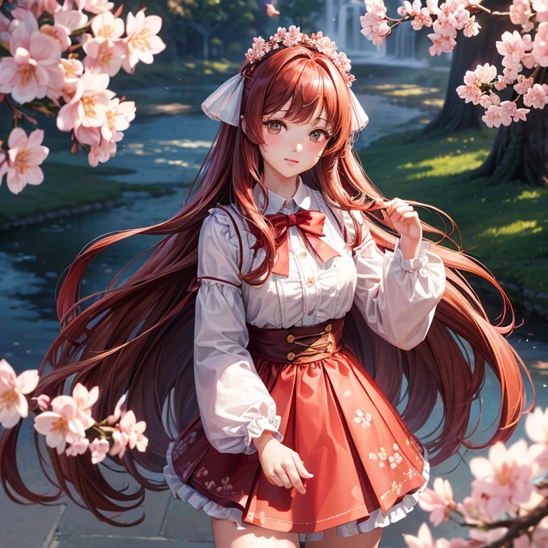 are communicating,femele, cherry blossom in full bloom, skirt by the, Long sleeves, Brown Long Hair, Red Hair Ribbon,Brown eyes, magnificent scene, best composition, (masutepiece, Best Quality, Hires, High quality, By a professional artist, ultra-detailliert, Extremely detailed, absurderes, Incredible resolution:1.2)