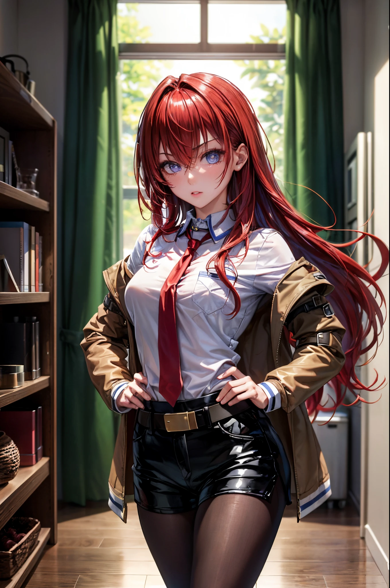 ((masterpiece), (best quality), ultra high res, 1girl, long hair, (red hair:1.5), long hair, eyes visible through hair, bangs, hair between eyes, blue eyes, purple eyes, shorts, pantyhose, jacket, shirt, red necktie, necktie, belt, white shirt, legwear under shorts, brown jacket, short shorts, long sleeves, black pantyhose, room, lab, hands on waist,portrait, looking at the viewer,