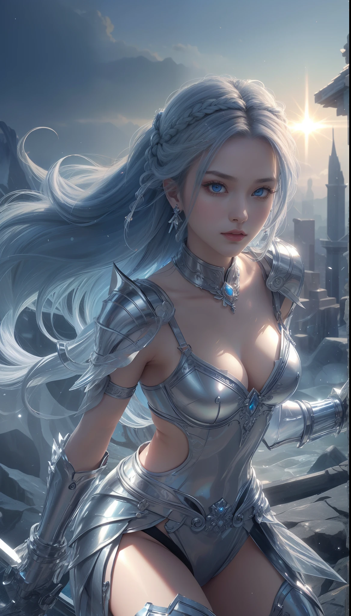 tmasterpiece,Highest image quality,,Beautiful female knight full body portrait,Exquisite blue braid hairstyle,Clear eyes,The sword,armour,crystal,Ultra-detailed details,advanced。At the Pixiv Art Station,Break your own power,Luigi,Big breasts exposing cleavage,R-18G