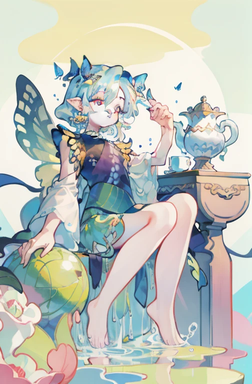 tmasterpiece, Best quality at best, Focus sharp, 8K, japanese manga, Watercolor illustration, Colorful, Vibrant colors, Whimsical, glowing lamps, Liquids are otherworldly, Aquahair，gold eyes，It's a perfect face, the golden ratio, The eyes are bright, aquarelle, liquid light, butterflys，butterfly wings，short- sleeved，（bare-legged）（Barefoot），（grinning smile），Close one eye，himawari，with blue sky and white clouds，feelers，pointy ears，simplebackground，abstract backgrounds，smaller cute，