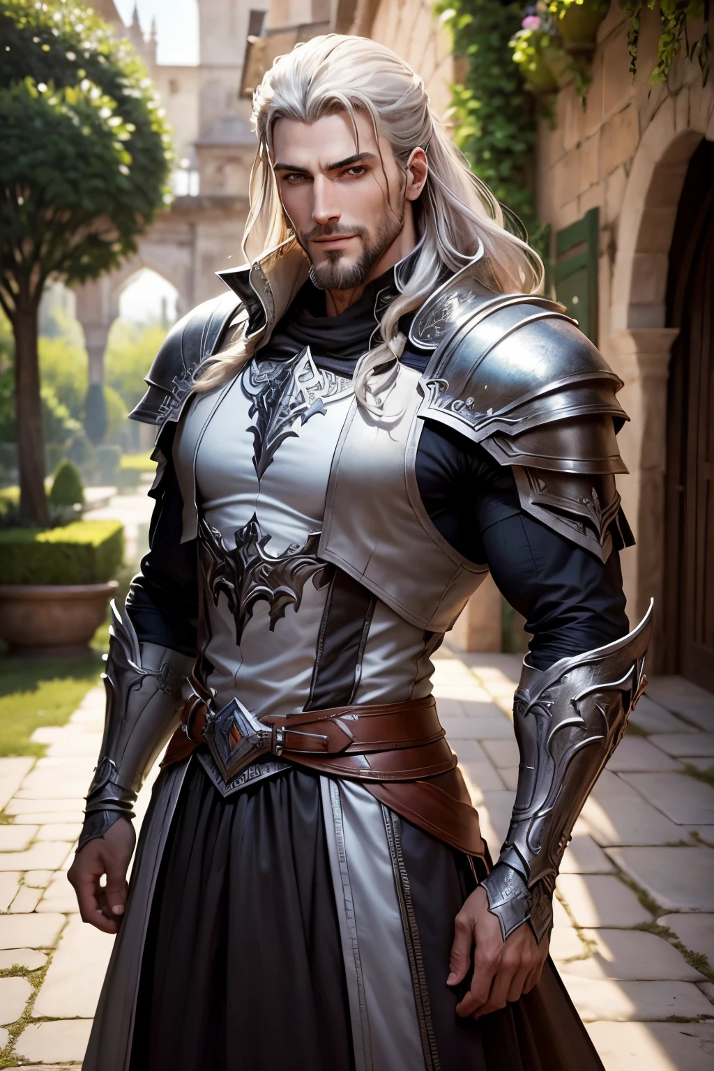 Background is the Garden, 1 men, Style argile grise,(Masterpiece, Best quality), niveaux de gris,zbxr, Castlevania Lord of the shadows muscular full moroccan Armor leather Armor , yeux blancs, Whitebeard, The smiling face narrowed his eyes