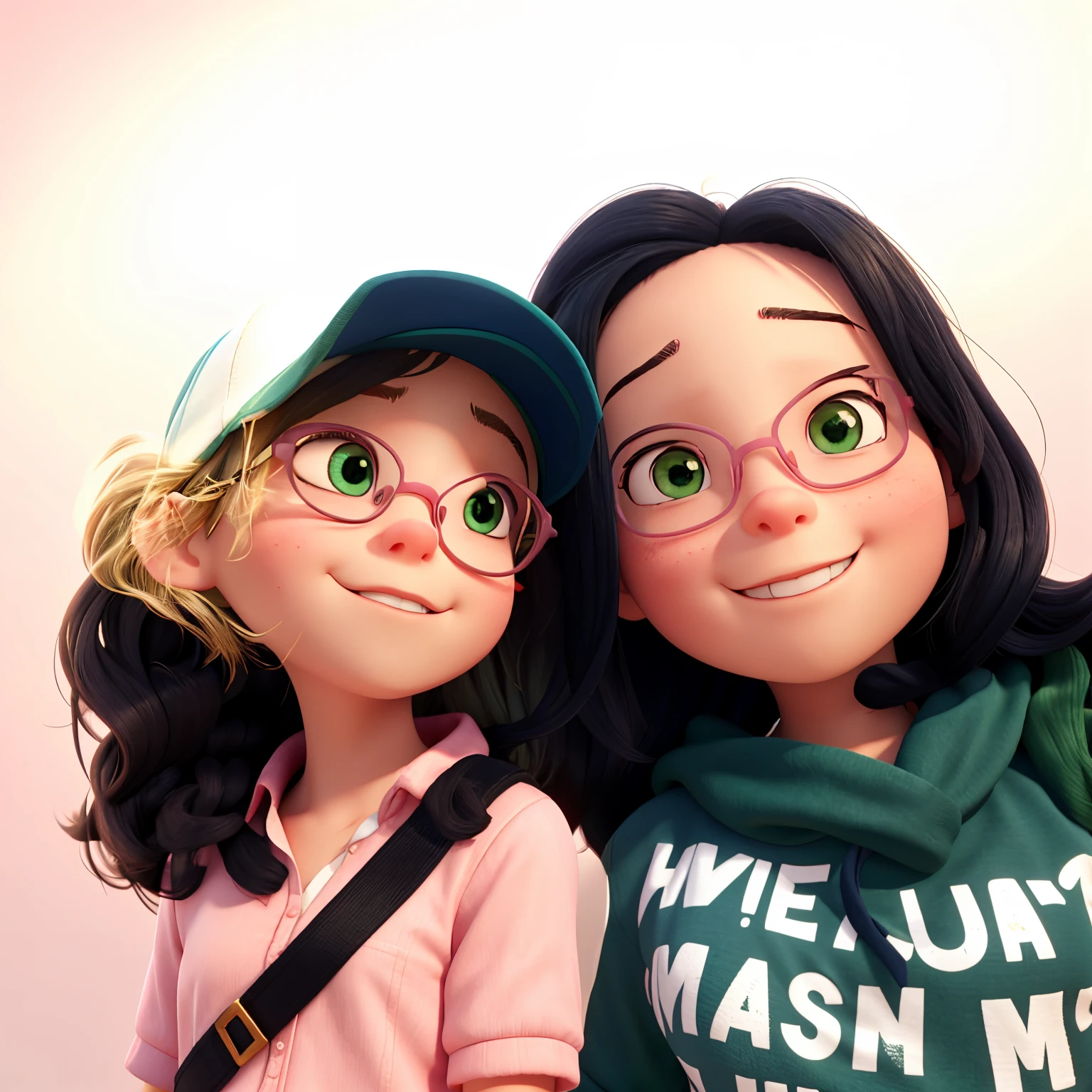 the girl in light pink wears a cap and has thin body. the girl in green shirt has an eyeglasses and somewhat chubby. 3D image