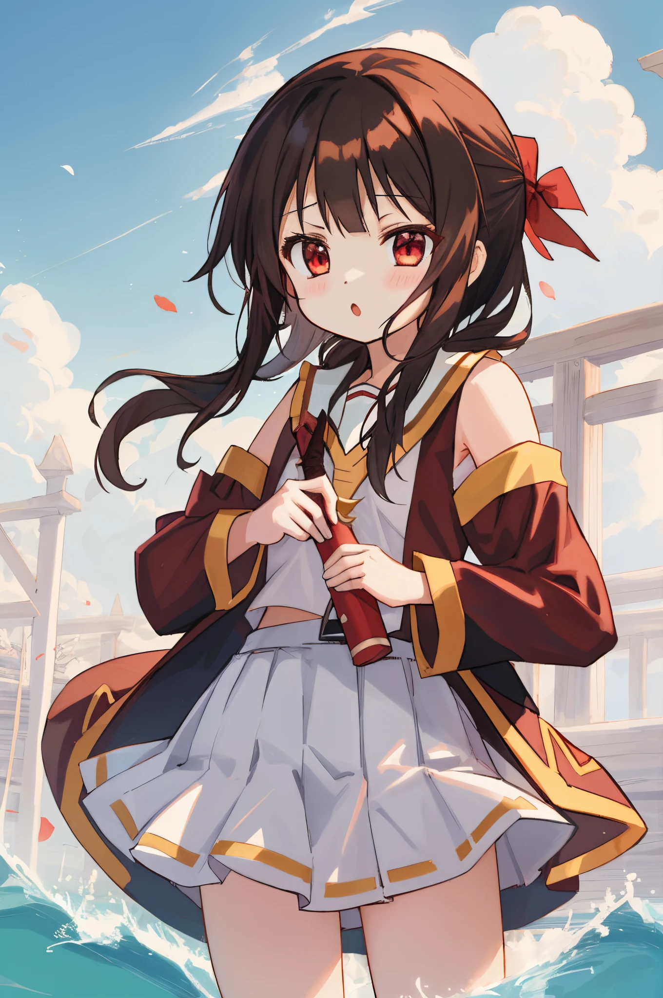 1girl (Megumin)em、only one、saia pelo、cabelo castanho curto、red eyes、saia branca、A camisa、saia plissada、comprimento do cabelo、sentado;、roupas escolares、camisa branca、manga comprida、sapato branco、colar de marinheiro、Ryōbi、Ao ar livre、Bancos、loop tape、Floral、meias、sapato、red bows、meia branca、Serafuku、flores vermelhas、Branco Cor do Marinheiro、red bows、architectural、franja、Serafuku branco、uma minissaia、dia、fechaduras laterais、coxas coxas coxas coxas coxas