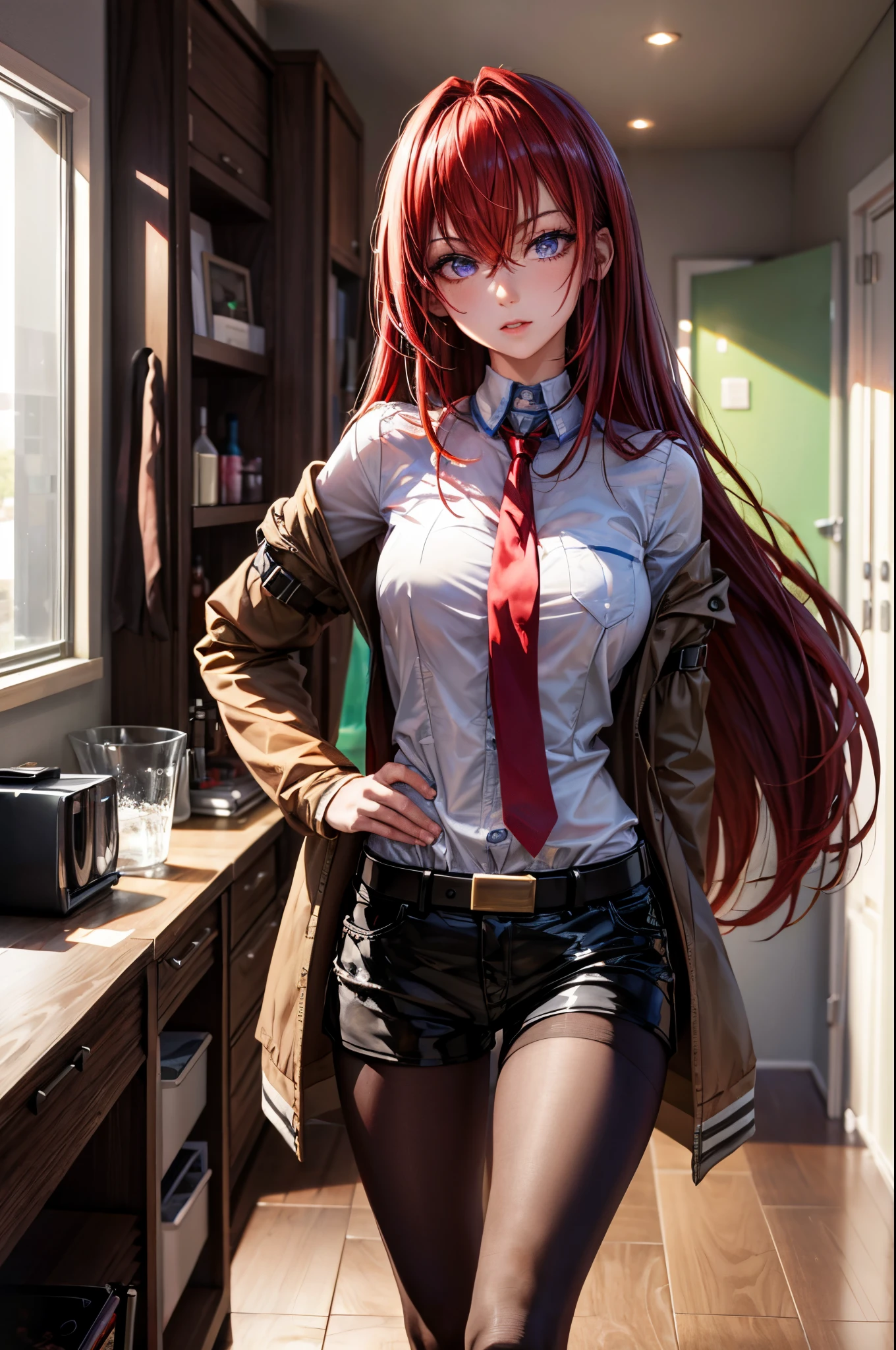 ((masterpiece), (best quality), ultra high res, 1girl, long hair, (red hair:1.5), long hair, eyes visible through hair, bangs, hair between eyes, blue eyes, purple eyes, shorts, pantyhose, jacket, shirt, red necktie, necktie, belt, white shirt, legwear under shorts, brown jacket, short shorts, long sleeves, black pantyhose, room, lab, hands on waist,portrait, looking at the viewer,