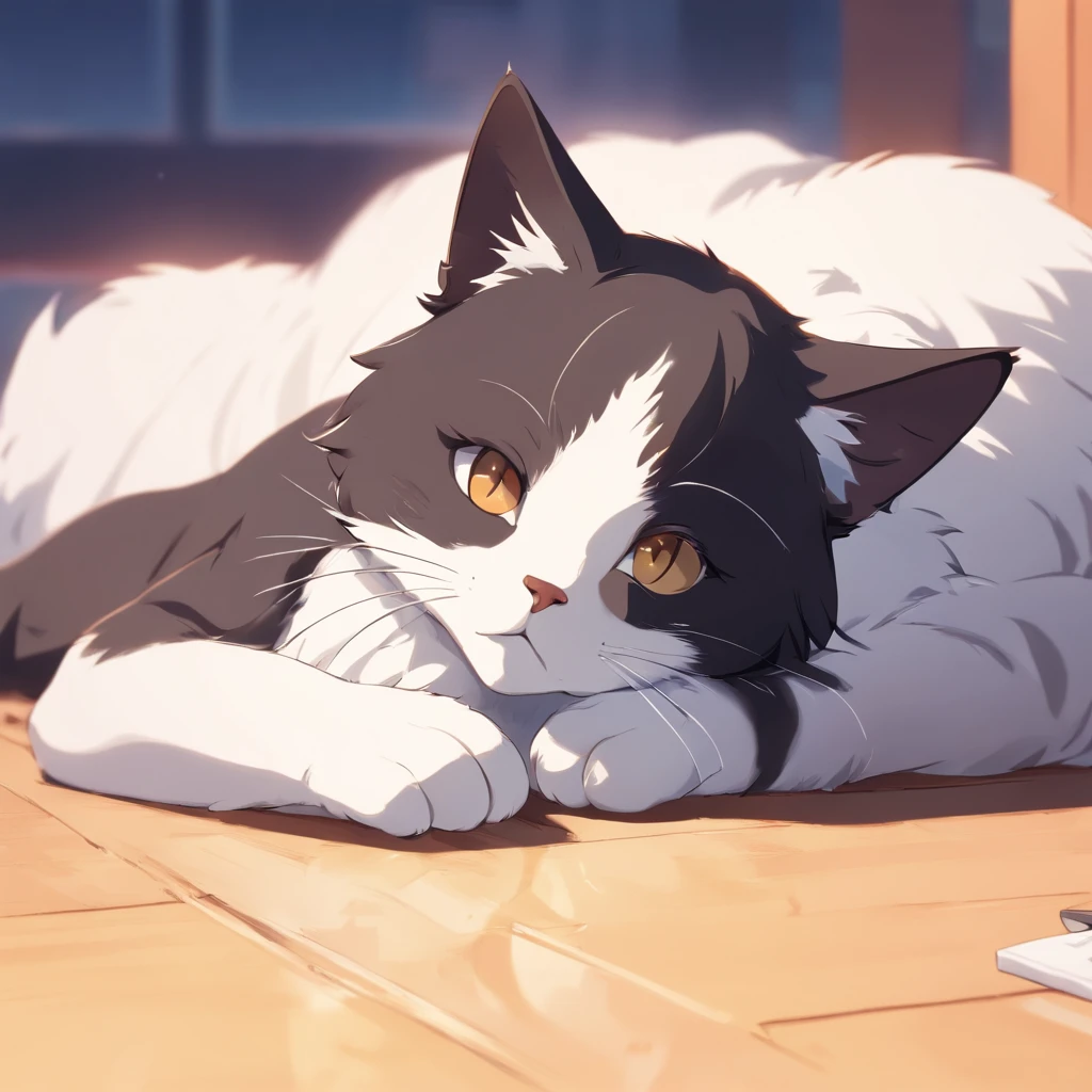 Cute isometric cat emoticon, tuxedo jack, black and white cat,Close your eyes, lie down and lower your head