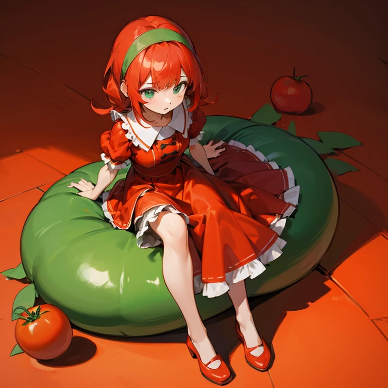 A girl is sitting on a giant tomato Red dress with ruffles Knee-length skirt Green headband red hairs lots of small tomatoes