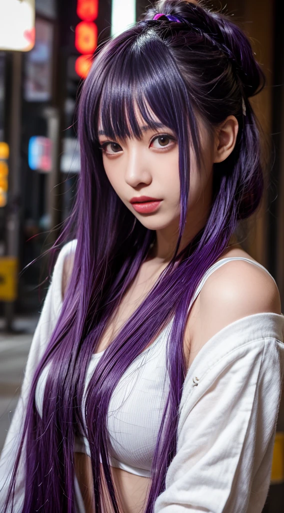 1girl in, Blunt bangs, braid, Wide sleeves, Hair Ornament, komono, red obi, (Purple hair:1.2), Very long hair, Straight hair, Looking at Viewer, Highly detailed background, (photographrealistic:1.2), Detailed eyes, Red eyeshadow, depth of fields,Thigh, (ulzzang-6500:0.7), Upper body, (Solo:1.2), (Cyberpunk City:1.1), (Fingers on lips:1.1),Shiny skin