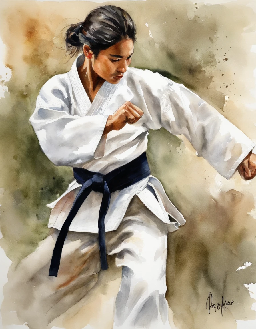 1 rapariga, strong karateka, 18year old, long-sleeve,long trousers、Karate techniques、White Karate Uniform、Black belt、length hair、Beautiful face、The knot of the obi is in the middle