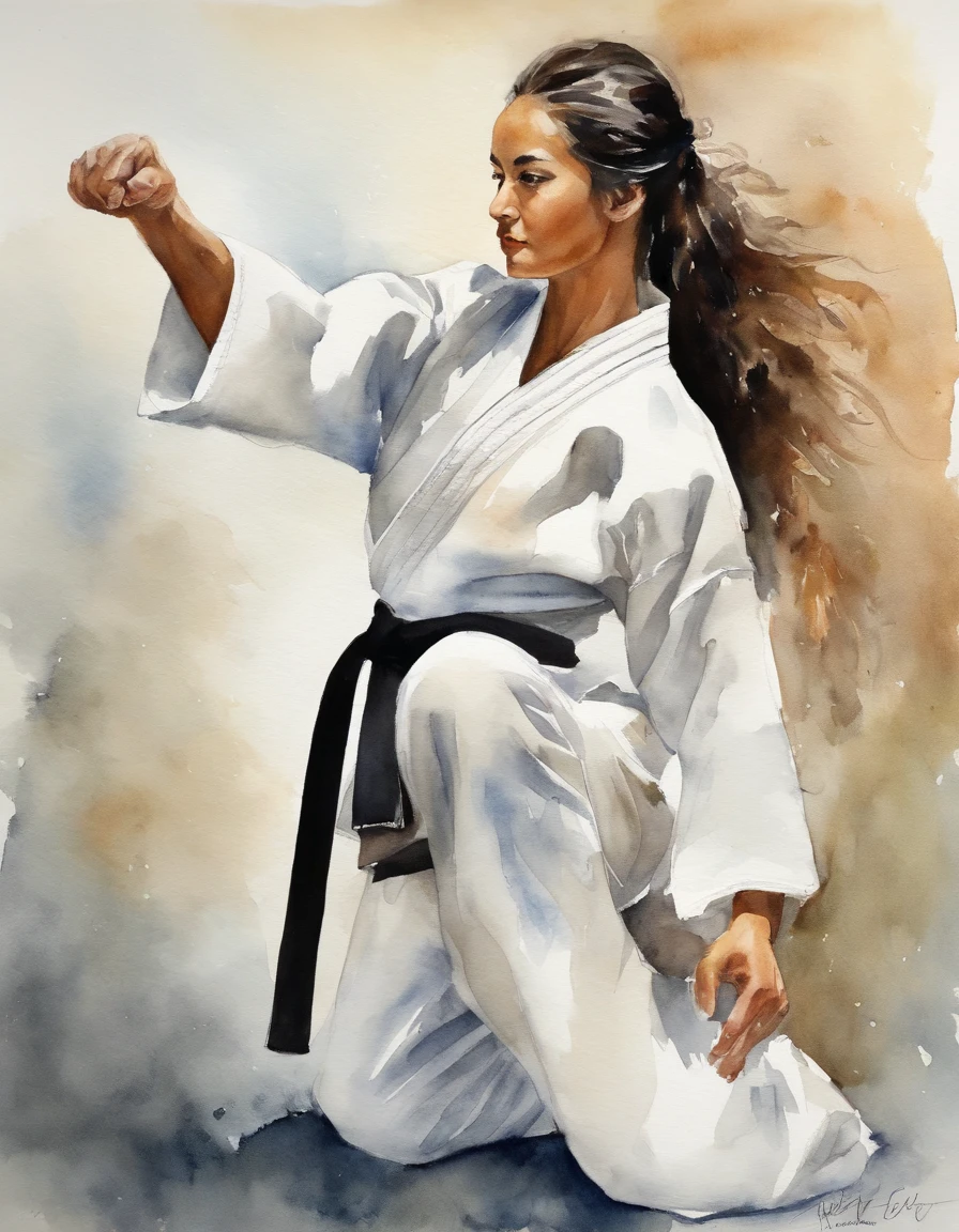1 rapariga, strong karateka, 18year old, long-sleeve,long trousers、Karate techniques、White Karate Uniform、Black belt、length hair、Beautiful face、The knot of the obi is in the middle