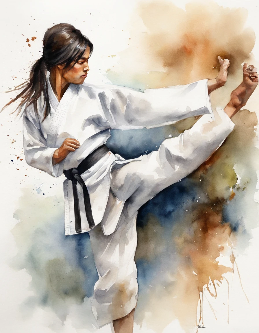 1 rapariga, strong karateka, 18year old, long-sleeve,long trousers、Karate techniques、White Karate Uniform、Black belt、length hair、Beautiful face、The knot of the obi is in the middle