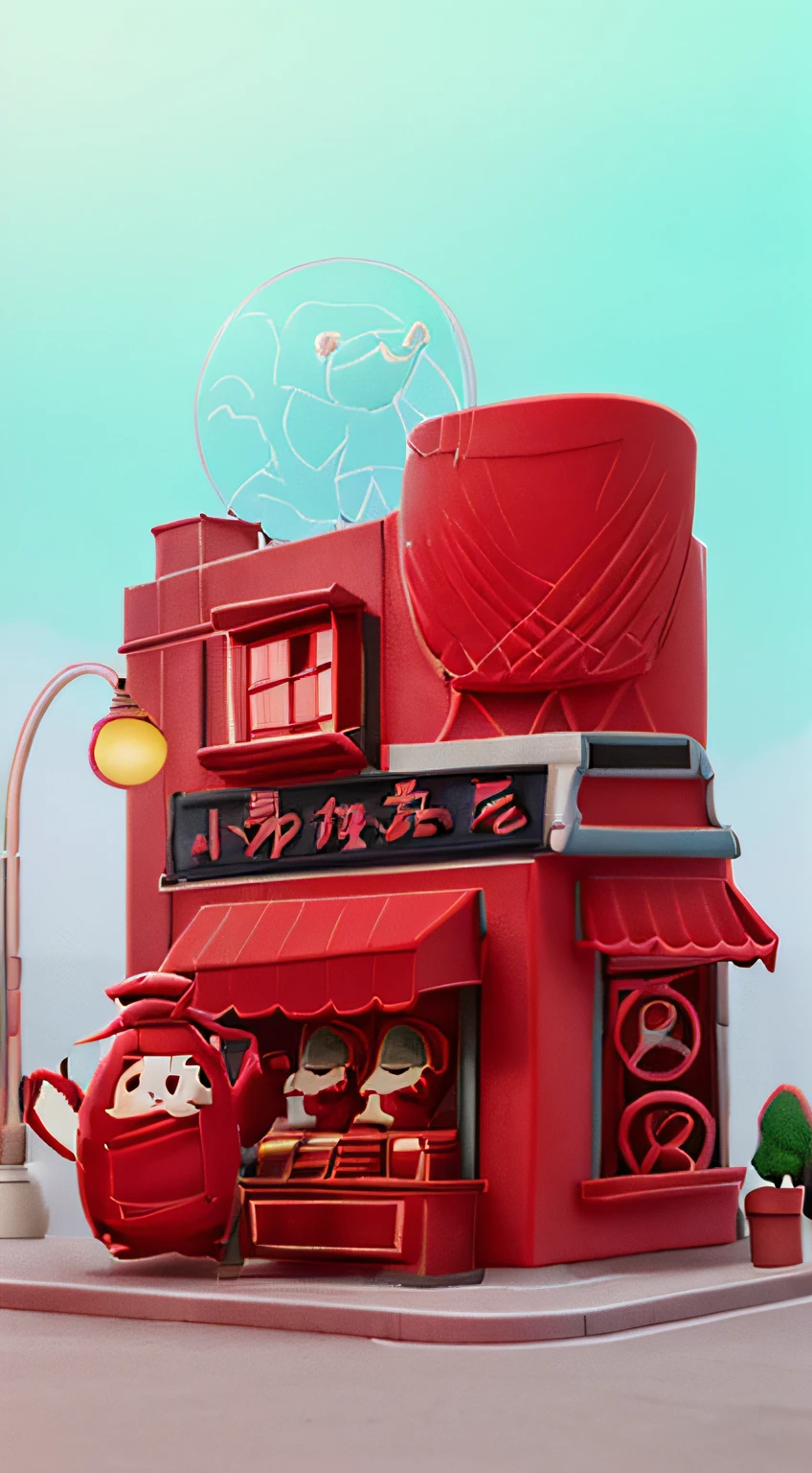 C4D style,The building has red elements,The building is next to the street,cartoonish style,Rich in detail and texture。