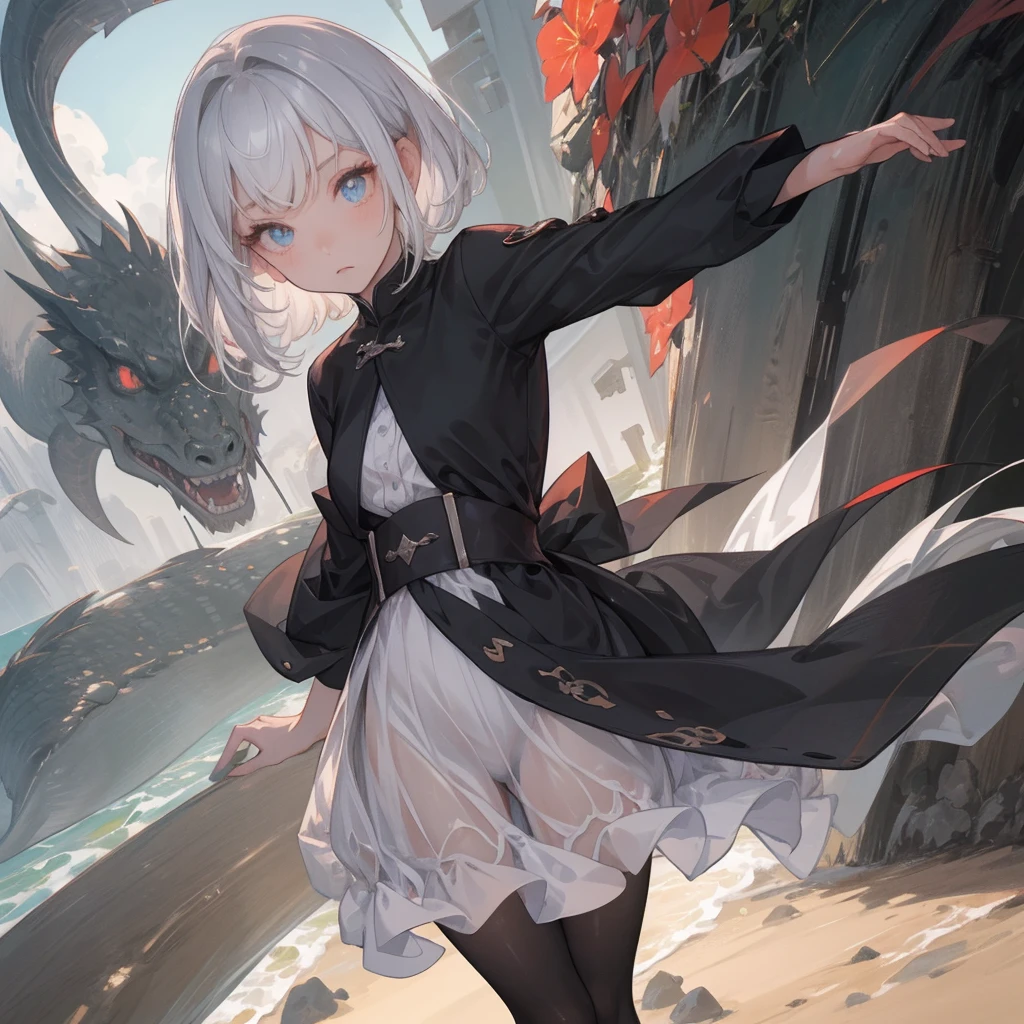 (melhor qualidade: 1.0), (super high res: 1.0), 1girl, personagem extremamente detalhado, detailed hands, Half-dragon girl, chifres, Dragon horns, Girl with black dragon tail, Black dragon tail, Cabelo extremamente detalhado, cabelo curto, ((short hair)), ((cabelos brancos)), ((mechas da cor preta)), olhos extremamente detalhados, olho com cores diferentes, Heterocromia, Olho direito de cor branca, Olho esquerdo de cor preta, dragon eyes, 2D, Arte de Anime, ((barnet)), ((corpo inteiro)), standing on her feet, medieval, RPG, pequena, (baixa), (Altura Pequena), peitos pequenos, (adolescente), olhar morto, grim expression, preocupado, look of tiredness, camisa de manga comprida, Black jacket, brincos de estrela + Branco, medieval chinese dress + preto, pantyhose + black + white, salto alto