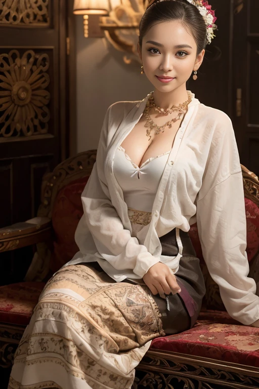 (realistic:1.3), insane detailed, quality, (masterpiece:1.2), (photorealistic:1.2), (best quality), (detailed skin:1.3), (intricate details), ray tracing, ((full body)), ((1woman)), (((1 person))), 30 years old, short hair, smile, purple dress, skirt with pattern, color contrast between the dress and the skirt, skirt pattern, earrings, necklace, Javanese ornament, (blurred background), eyes on camera, Breast cleavage, medium breast