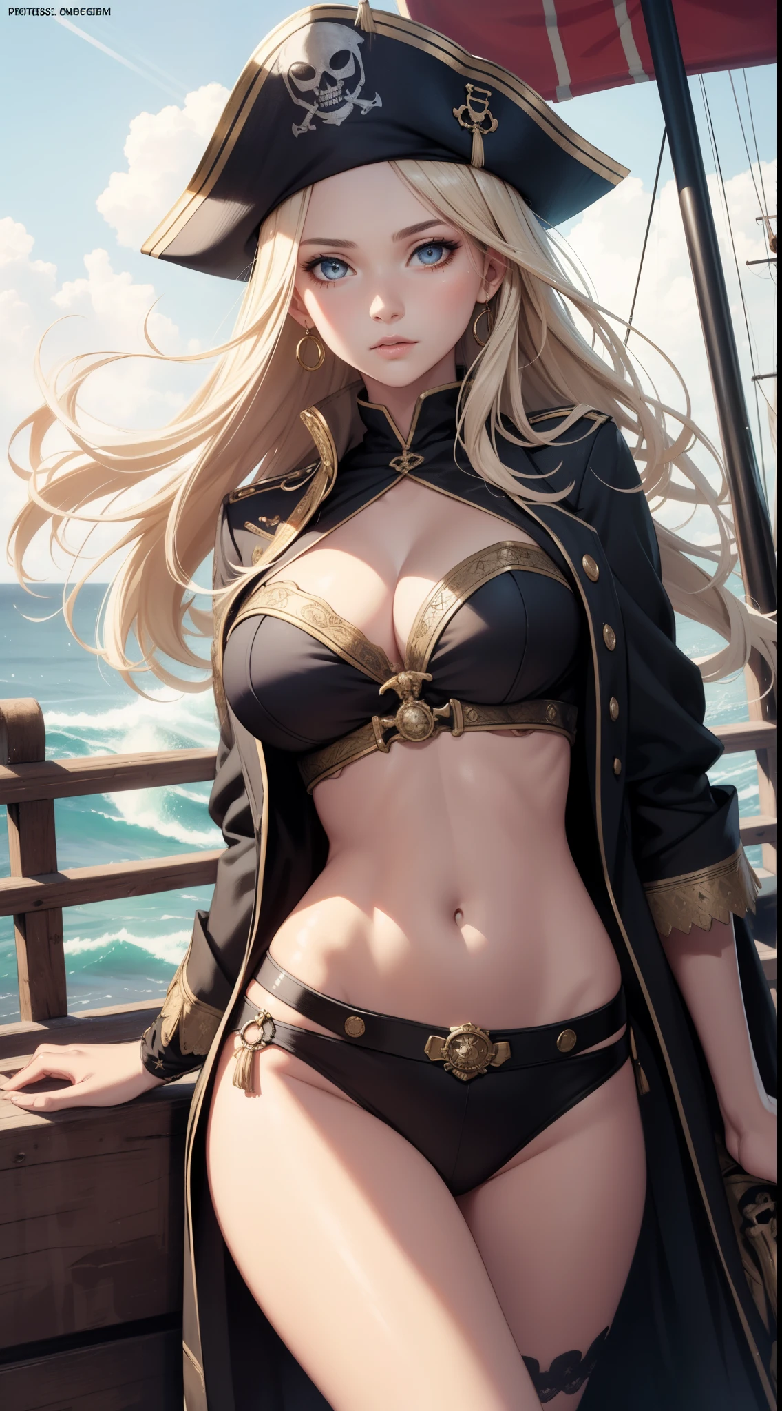 （1 girl：1.3）， solo， （（（very detailled face））），（（Very detailed eyes and face））），Beautiful Detail Eye，Body parts__，official arts，Unified 8k wallpaper，is super detailed，Beautiful and beautiful，bella，MasterPiece，best best quality，primitive，MasterPiece，ultra fine photo，best best quality，extra high resolution，photorealistic realism，sunrays，fullbody portrait，amazingly beautiful，，dynamicpose，Delicate Faces，vibrant eye，（FROM FRONT）， large breasted，Female pirate，on a pirate ship，Detailed face，Highly detailed skin，