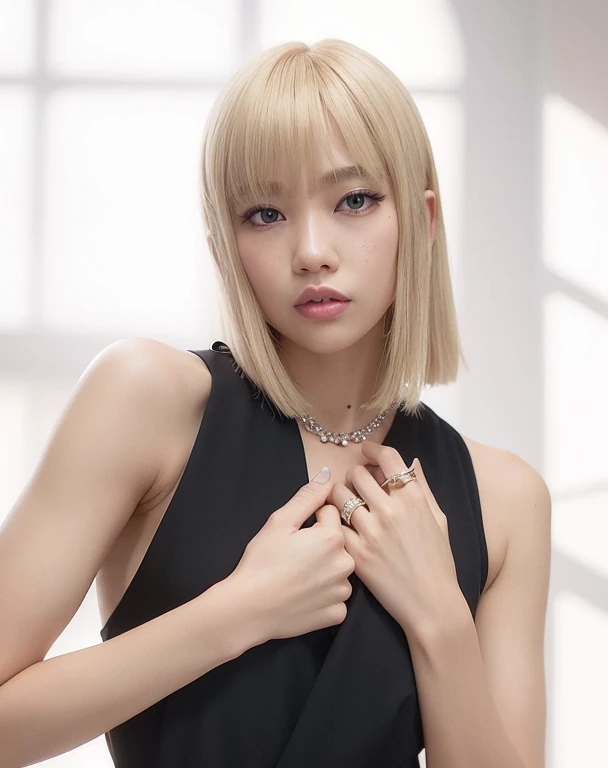 blond woman with a black dress and a necklace and a ring, lalisa manobal, lalisa manoban of blackpink, sun yunjoo, roseanne park of blackpink, the hime cut, jossi of blackpink, with bangs, inspired by Tadashi Nakayama, portrait of jossi of blackpink, with full bangs, portrait a woman like reol