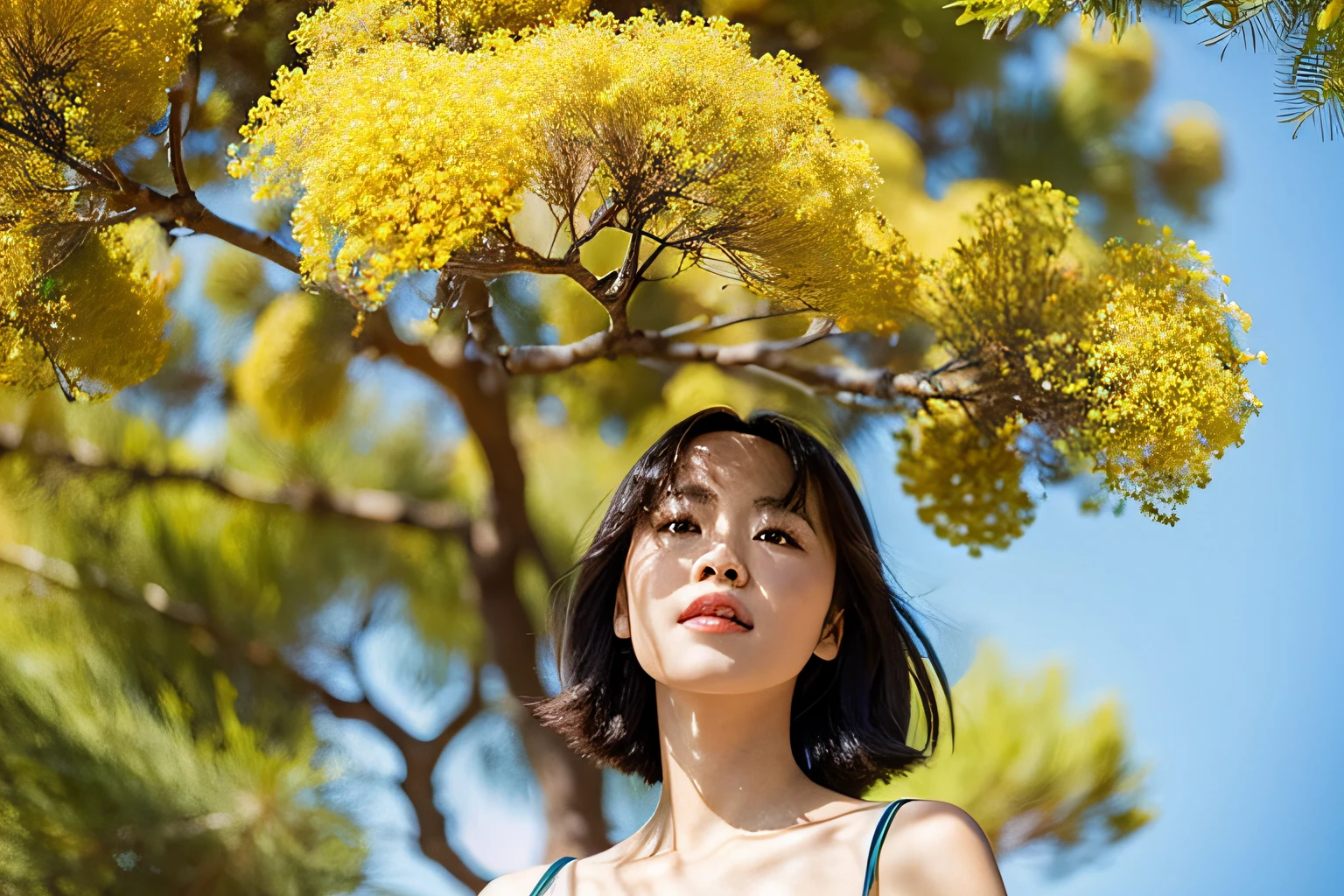 Photorealistic, image of asian woman, stand next to an acacia tree (Mimosa), I look up at the tree with awe.... women should wear casual clothes, suitable for warm climates, outdoor environment. The acacia tree should be partially visible, It is characterized by feather-like leaves and yellow flowers.。... The background should be a typical savannah or dry tropical environment, clear sky and sparse grassland, Capturing the beauty of the natural environment.