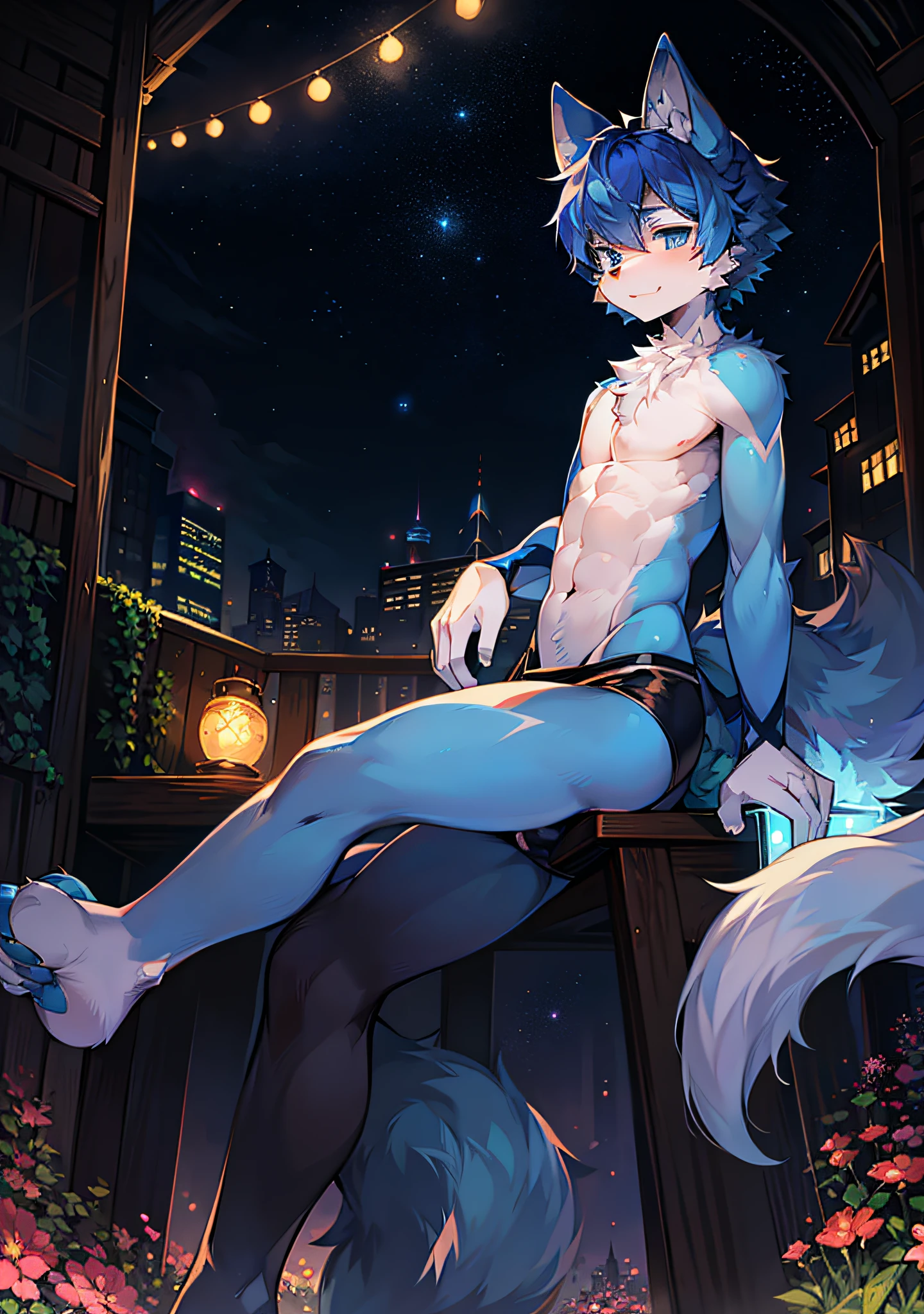 spherical body,tropical garden,Short hair details,Blue hair,starrysky,There's blue fur everywhere,Wolf ears,Wolf type,Big furry tail,tmasterpiece,High-quality portraits,shaggy, shaggy male, malefocus, Eyes are bright, in a panoramic view, Character focus,Ultra-tight underwear , small lingerie, male people,eBlue eyes,Naked body,cute big breasts