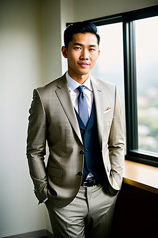 world press photo winner, (award-winning photography:1.3), (modern indonesian man wearing formal office outfit, handsome face, young man, indonesian skin tone, typical Indonesian male features:1.4), (8k, RAW photo, best quality:1.3), (realistic, photo-realistic, modest clothes:1.1), inspiring, Portait of a (handsome typical modern indonesian man indoors:1.5), analog style (look at viewer:1.2) (skin texture) (film grain:1.3), (warm hue, warm tone:1.2), close up, cinematic light, sidelighting, ultra high res, best shadow, RAW, wearing suit, Microgeometry, skin elasticity, light scattering through hair, ambient occlusion, multi-layer skin shading, facial muscle simulation, iris and pupil rendering, advanced color grading, office suit, office, smirking, medium shot, dynamic poses, crossing hands, plants