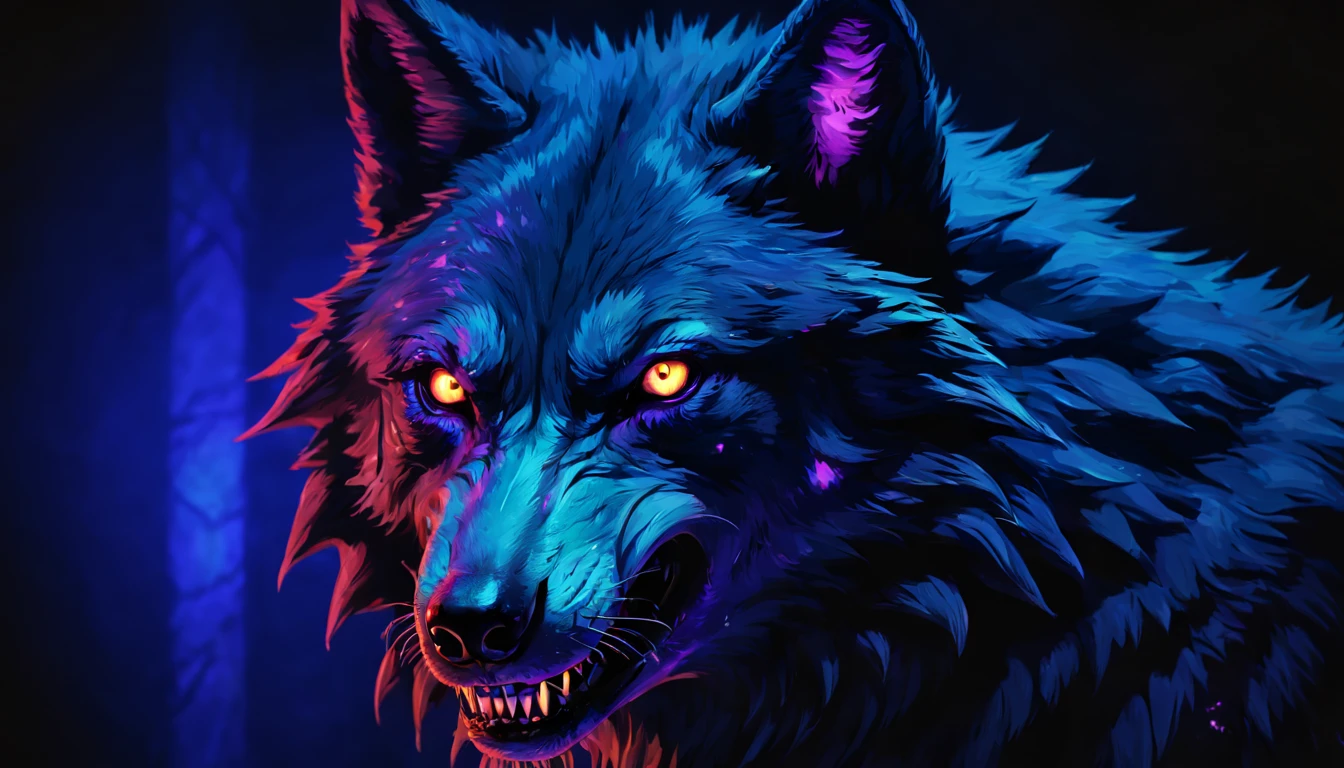 Portrait of a Wolf with blacklight makeup,looking at camera,front stance,teeth, fantasy, highly detailed, digital painting, artstation, concept art, sharp focus, illustration,