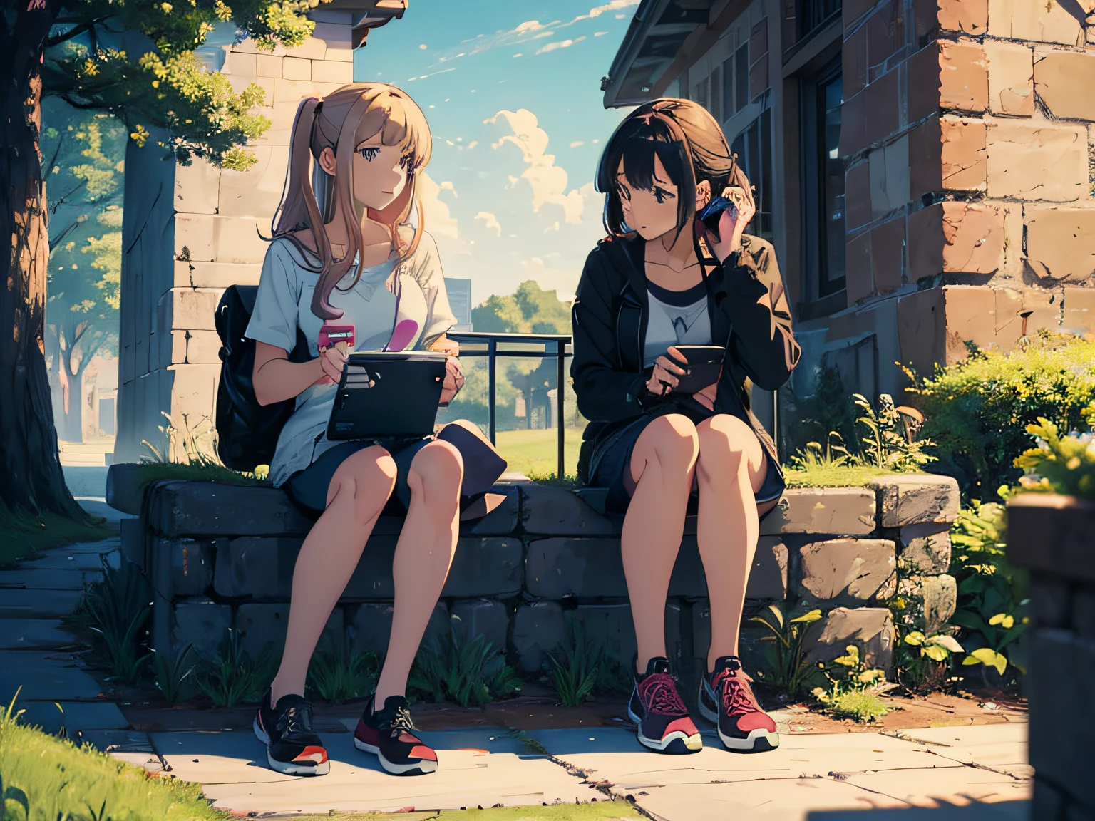 Two American girls in their 20s, playing with mobile phone, a cartoon illustration, memorial, iintricate, Japanese cartoon, The landscape, Best quality at best, tmasterpiece, Representative Works, offcial art, professional, 8K