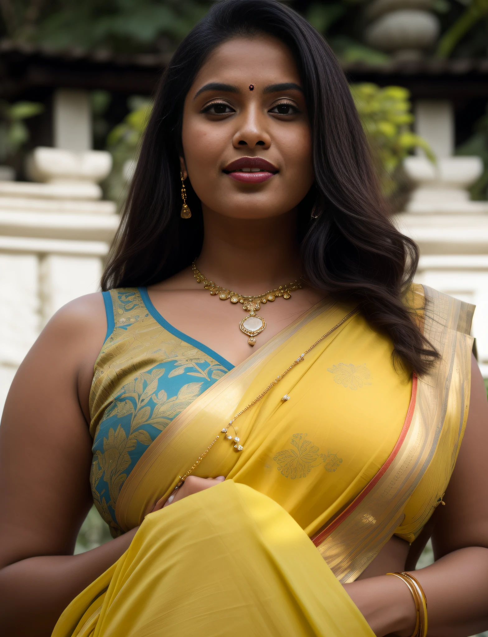 day scene, extreme close up photo of seductive indian model from top view wearing semi yellow top with big breast, big cheeks, red Hollywood lips, squatting near shrub in a garden, hourglass figure, armpits, (blue eyes:1), ponytail, necklace, 30 yo, look at viewer and smile,forest background (cinematic:1.3), intricate details, (ArtStation:1.2)