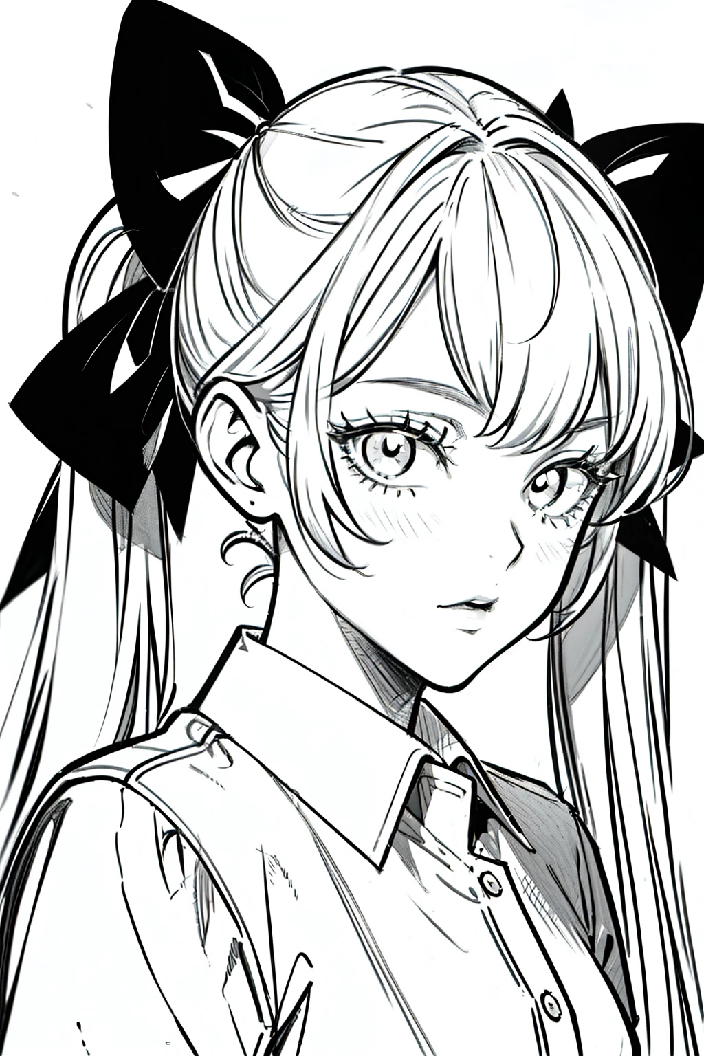 best quality, high resolution, clean background, high contrast, 1 girl, close-up of the head, white background, clean line drawings, vibrant colors, beautiful face, twintails hairstyle, Sharp eyes, shirt, bow,
