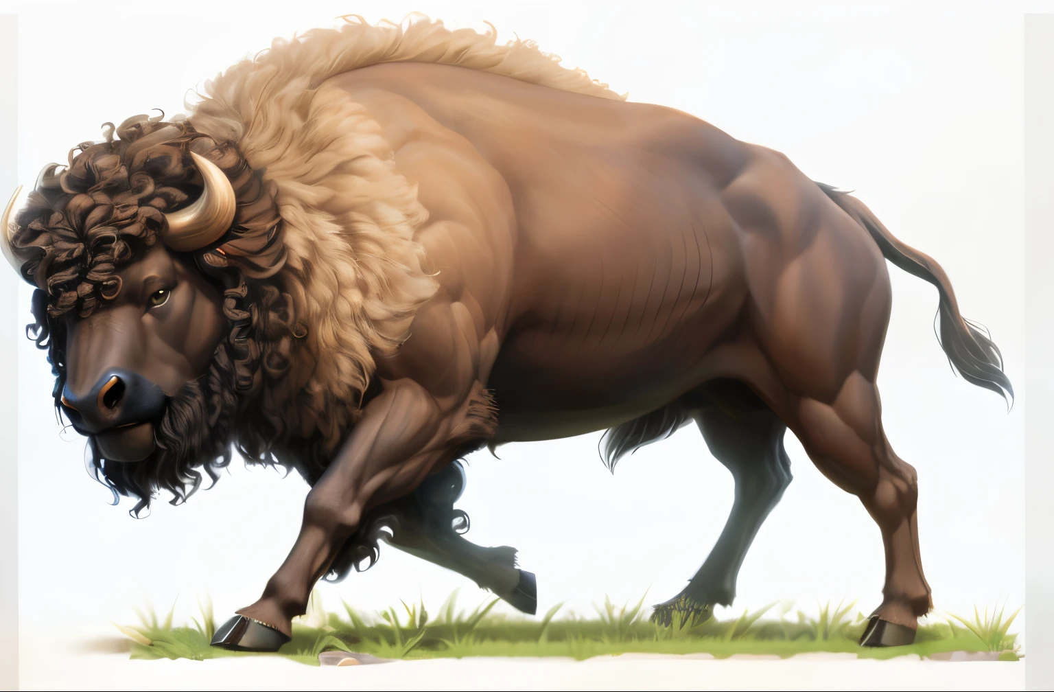 （buffalo），Strong limbs，Walked，（stereoscopic perspective：1.4），Works of masters，Thick hair on the body, curlies, ultra - detailed，4K分辨率，high high quality，电影灯光，High picture detail，Clear hair、Concentrate，Detailed hair depiction，