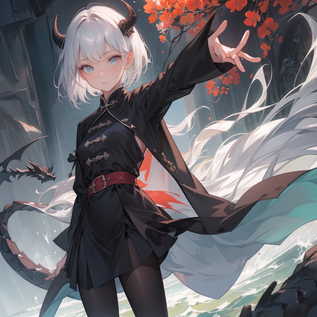 (melhor qualidade: 1.0), (super high res: 1.0), 1girl, personagem extremamente detalhado, detailed hands, Half-dragon girl, chifres, Dragon horns, Girl with black dragon tail, Black dragon tail, Cabelo extremamente detalhado, cabelo curto, ((short hair)), ((cabelos brancos)), ((mechas da cor preta)), olhos extremamente detalhados, olho com cores diferentes, Heterocromia, Olho direito de cor branca, Olho esquerdo de cor preta, dragon eyes, 2D, Arte de Anime, ((barnet)), ((corpo inteiro)), standing on her feet, medieval, RPG, pequena, (baixa), (Altura Pequena), peitos pequenos, (adolescente), olhar morto, grim expression, preocupado, look of tiredness, camisa de manga comprida, Black jacket, brincos de estrela + Branco, medieval chinese dress + preto, pantyhose + black + white, salto alto, capa preta