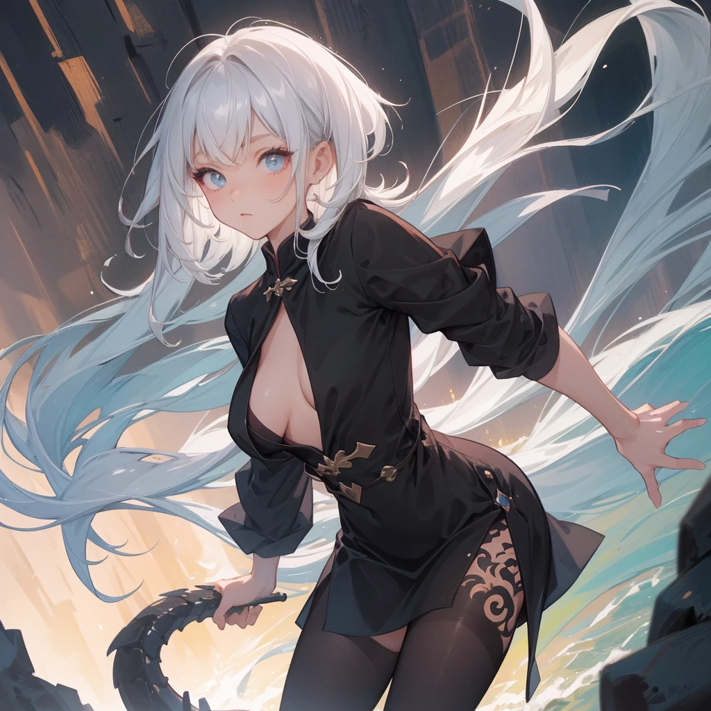 (melhor qualidade: 1.0), (super high res: 1.0), 1girl, personagem extremamente detalhado, detailed hands, Half-dragon girl, chifres, Dragon horns, Girl with black dragon tail, Black dragon tail, Cabelo extremamente detalhado, cabelo curto, ((short hair)), ((cabelos brancos)), ((mechas da cor preta)), olhos extremamente detalhados, olho com cores diferentes, Heterocromia, Olho direito de cor branca, Olho esquerdo de cor preta, dragon eyes, 2D, Arte de Anime, ((barnet)), ((corpo inteiro)), standing on her feet, medieval, RPG, pequena, (baixa), (Altura Pequena), peitos pequenos, (adolescente), olhar morto, grim expression, preocupado, look of tiredness, camisa de manga comprida, Black jacket, brincos de estrela + Branco, medieval chinese dress + preto, pantyhose + black + white, salto alto, capa preta