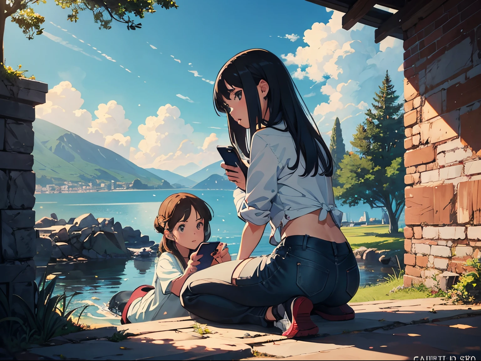 ((Mejor calidad)), (detallado), ilustracion-perfecta, ultra detallado, artistic, Intrincate-composicion, aesthetic, with cinematic solar lighting, Lumen reflexiones, aerial photograph, two girls, Pretty girls, pecho apretado, Brown leather, piel blanca, pelo negro, pelo grande, pelo azul, lindos ojos azules, joven, 15 to 18 years, , tierras andinas peruanas, rasgos andinos, mountains, mobile telecommunications towers, Valle, Pretty girl, ciberciudad futurista, nublado, chicas desnudas, runic letters, Gorra de beisbol, Peru flag , hand phone, contemplando el paisaje, cold night, alta calidad, premiado, aspectos destacados de pinterest, bosque-Cuzco,