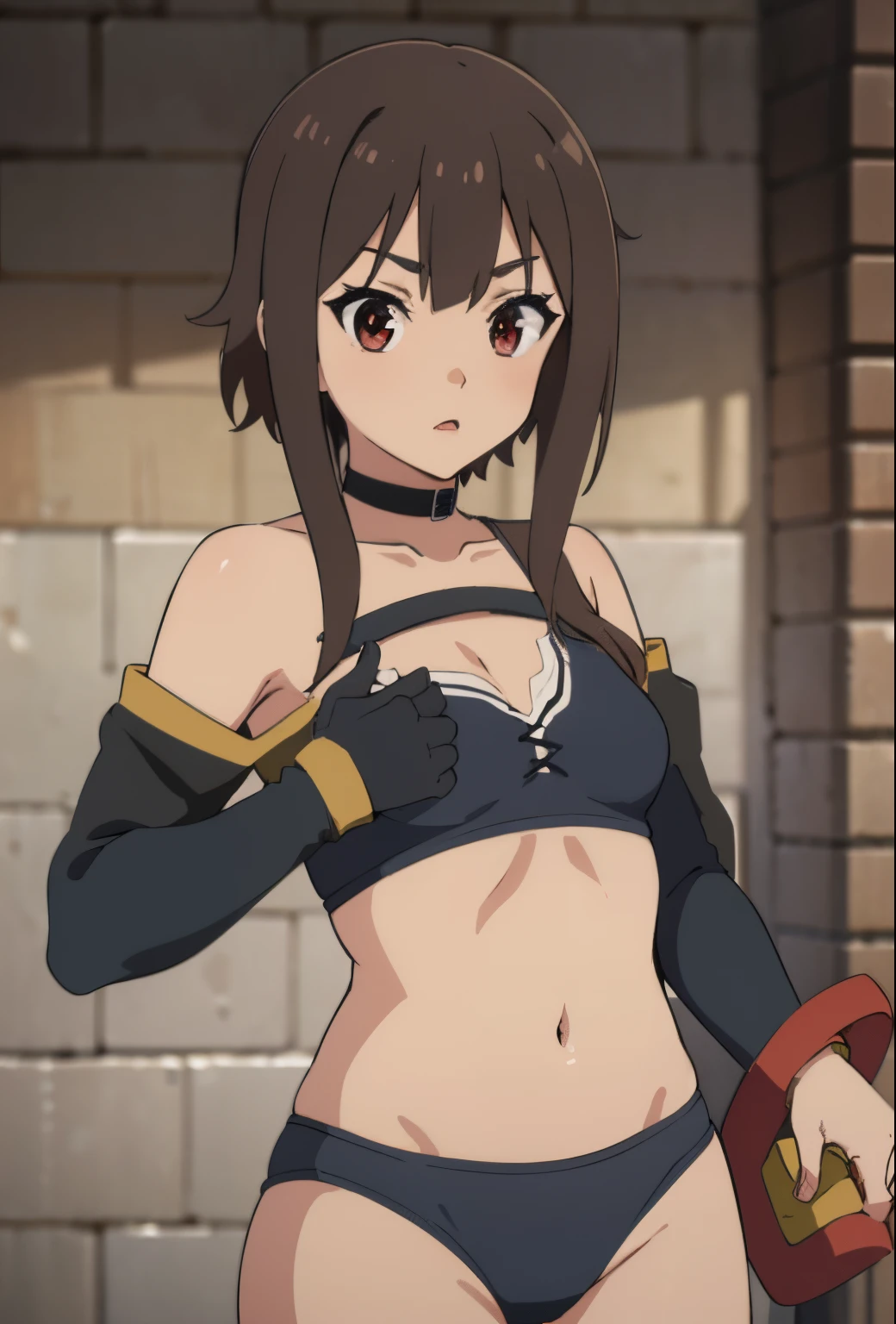 (beste-Qualit, 8K, 12), 1 girl, (megumin), brown hair, the perfect body, ultra detail face, detailed lips, (((very small boobs))), red eyes, cleavage, looking at viewer, off shoulders, panties, thighs, ((crop top)), standing, hands on waist, strap, cowbot shot, abdomen, ( no pants), ((casual clothes))