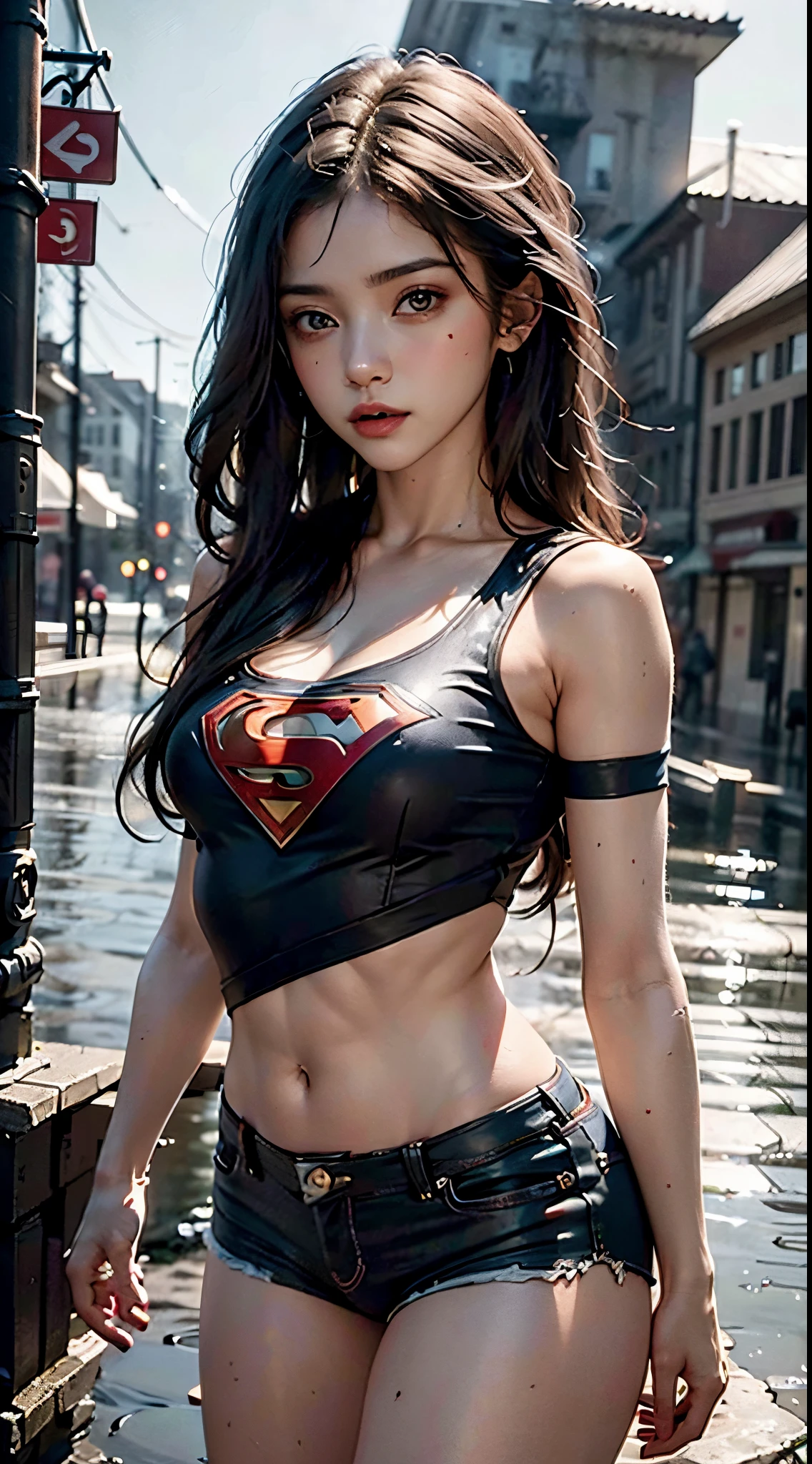 8K, Top Quality, Intricate Details, Ultra Detail, Ultra High Resolution, Masterpiece, close up shot, (full body: 1.1), Slender, Smile, (Makeup: 0.4), (), (Fluffy Eyes: 1.21), ((bangs)), 1girl, solo, 1 girl, (((red eyes, black hair, bangs, long hair)), ((Tifa,Tifa・lockhart,Final Fantasy 7,FF7,l)), close up shot, , ((tall)), (((fit body))), (((slim face))), sharp face, ((superman suit)) , (detailed face), sharp face, small lips, ( bartender ),
((, )), , ((,)), detailed face, detailed breast, large breast, huge breast, (( )), detail ass, Narrow Waist, Skinny, tall , 175 cm tall, Muscular, Navel, Exposed Abdomen, Pointed Chest,, Beautiful girl with accentuated slender abs: 1.4, Six Pack Abs: 1.4,, Perfect Body, detail leg, (( dark background)), black background,