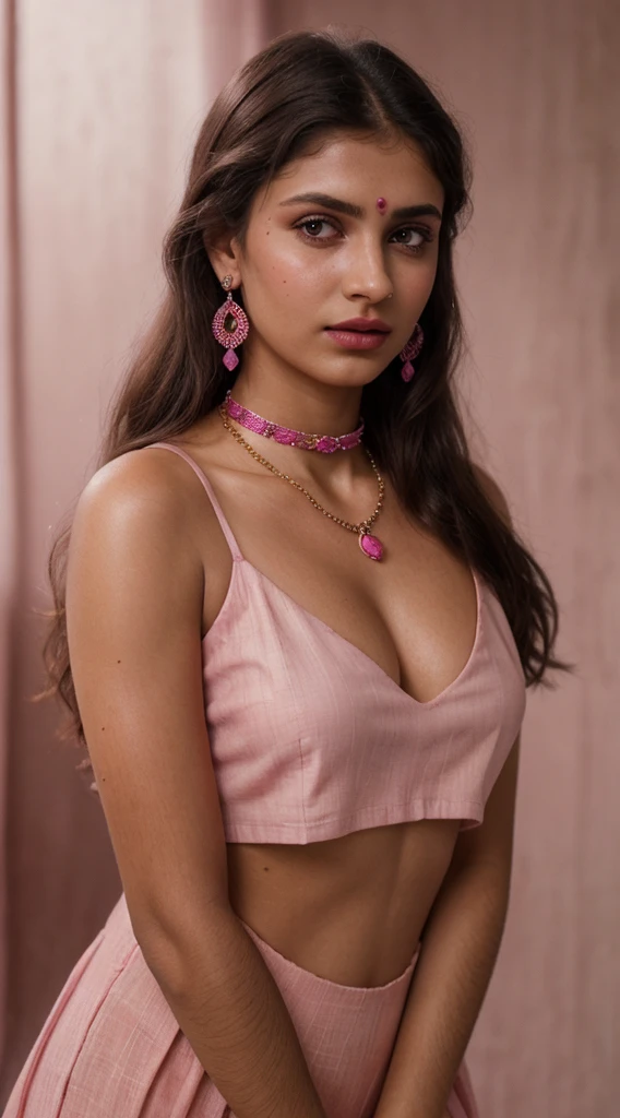 Indian treditional Salwar Kameez dark pink color, solo girl, (RAW photo, realism: 1.8), (very dark pink lip gloss, jet dark pink lipstick, realistic eyelashes, dark brown eye shadow, shy, blushing, high quality, high resolution, depth of field, chromatic aberration, caustic, wide light, natural colors, 19 year old girl), necklaces, chokers, earrings, nose pin, bracelets, soft skin, fair pink skin, small breasts size, oily shine skin, slime nose, soft skin,