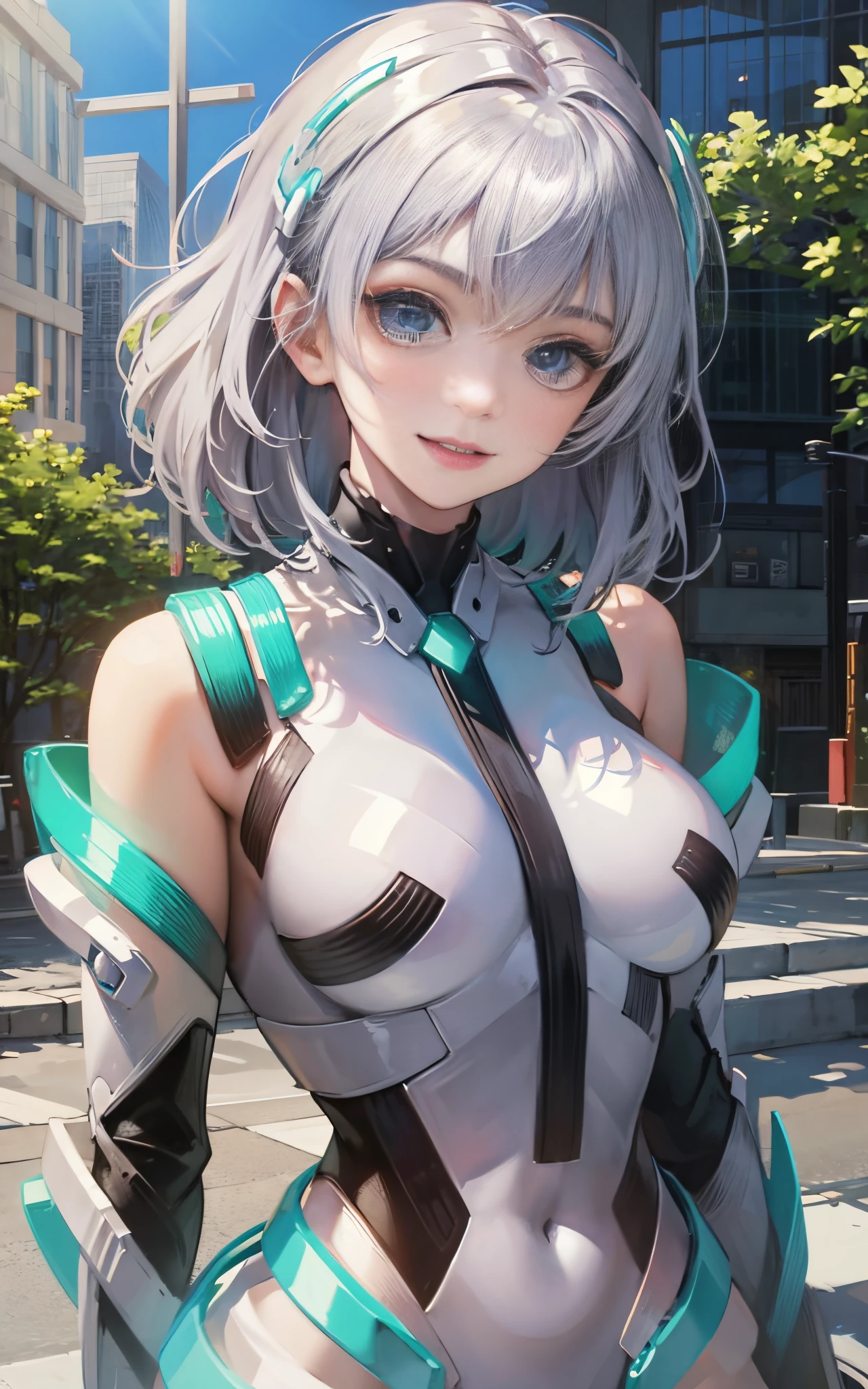 lightsmile, deva battle suit, Outdoors, Silver hair, bobhair, Blue eyes, waist shot