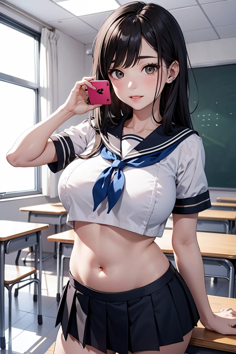 school classrooms、High school girl operating a smartphone with a smartphone attached to her arm。Beauty JK,Colossal tits、a sailor suit、a miniskirt、I don't put out my belly button、Dark hair。