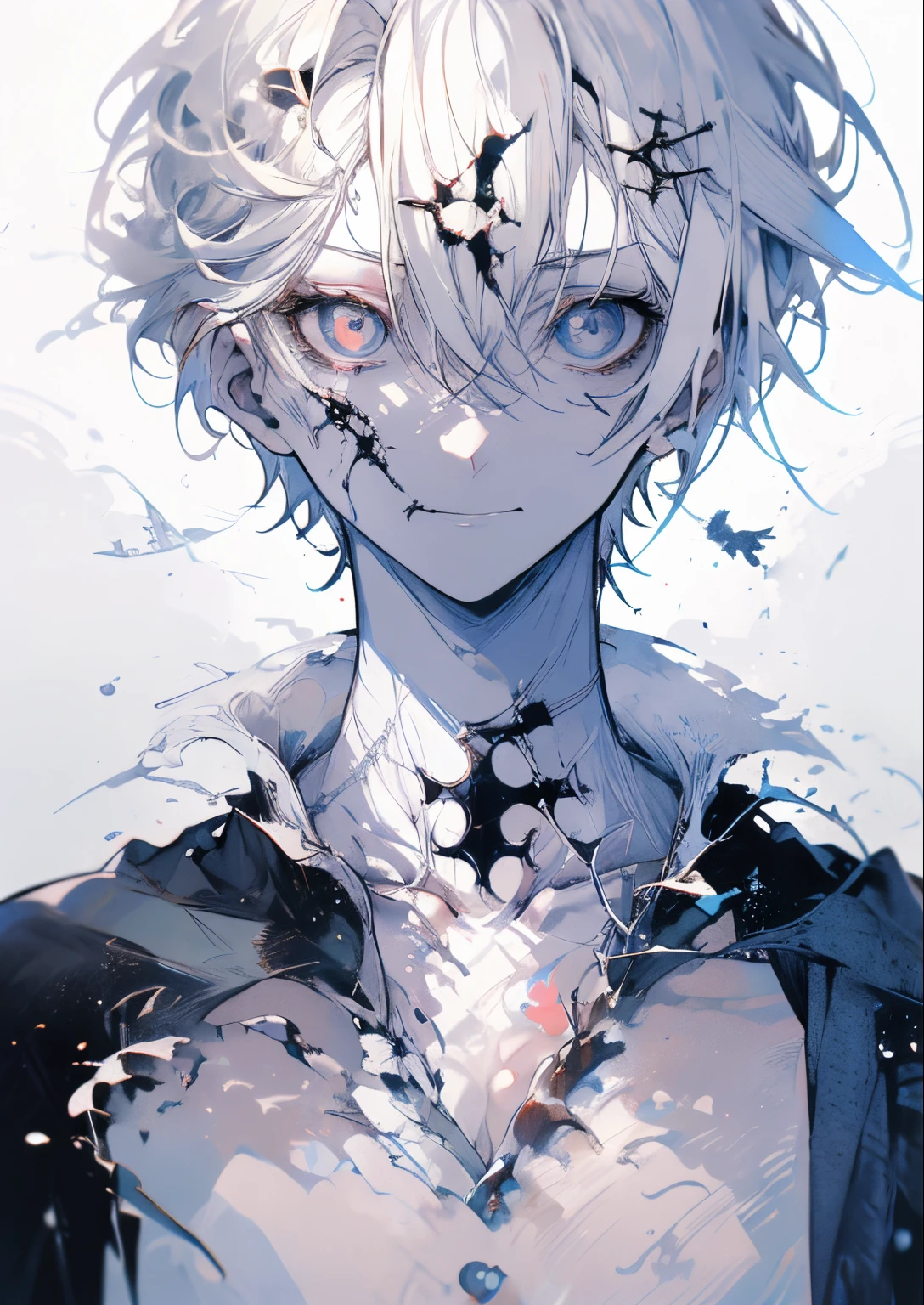 A white-haired boy in the school corridor,face drawn and pale,The body is slowly decomposing!dissipate!!style of anime,suspenseful