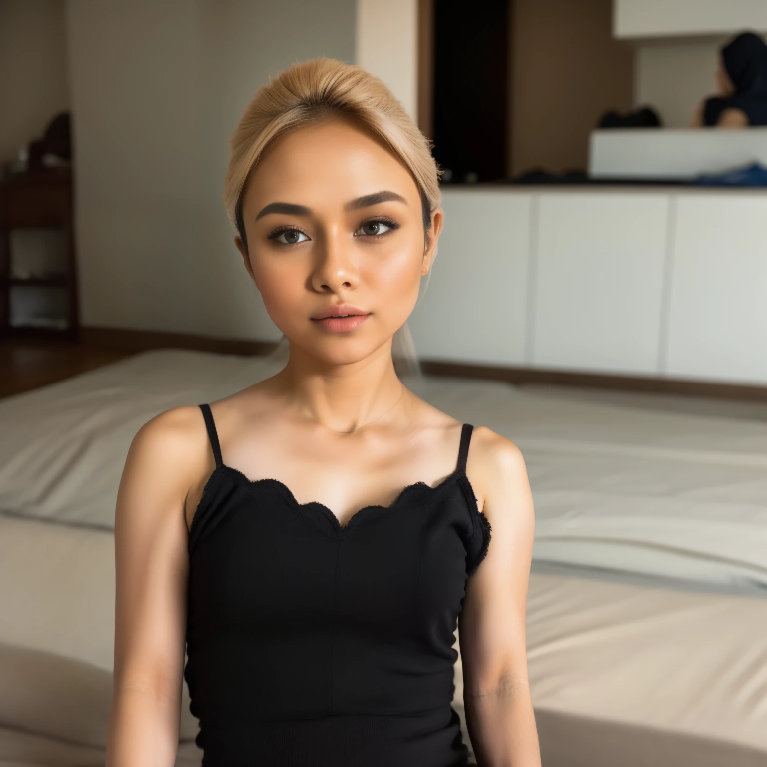 (masterpiece,best quality,ultra detailed,4k portrait:1.5), Young Vietnamese woman, flashy blonde short hair, slender figure: 1.5, plain face, provocative expression, fully naked, naked, wet body, handcuffed, sitting on hotel bed, wide open crotch, prostitute, call girl, hooker, in a cheap hotel room in Vietnam, full body shot.