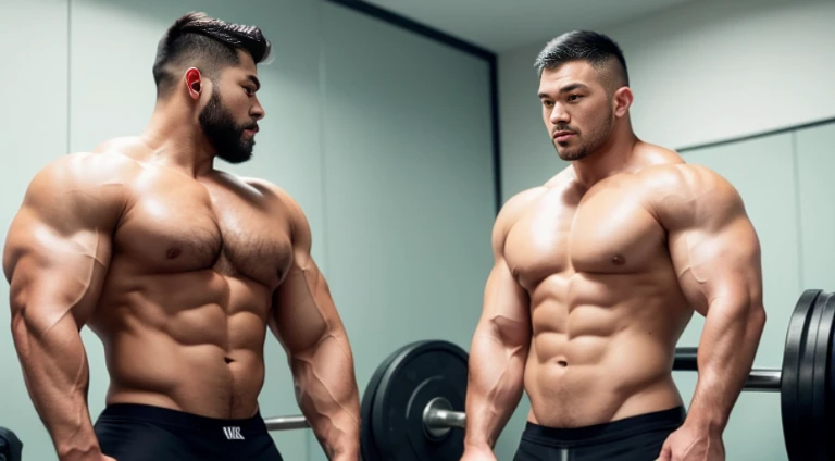 (Very detailed 8k wallpaper), two asian men, muscle worship, arms folded, At the gym, high detailing, buzzcut, very large and strong body, bulging muscles, well-muscled, very large pectoral muscles. Very sexy abs, legs are muscular, Toned figure, lightens oily skin, muscular, Tank top, T-shirt, longshot, Wide Shot