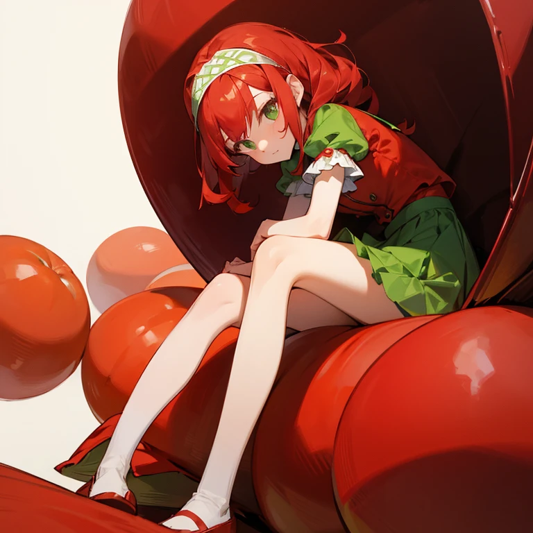 A girl is sitting on a giant tomato　Red dress with ruffles　Knee-length skirt　Green headband　red hairs　There are many small tomatoes around