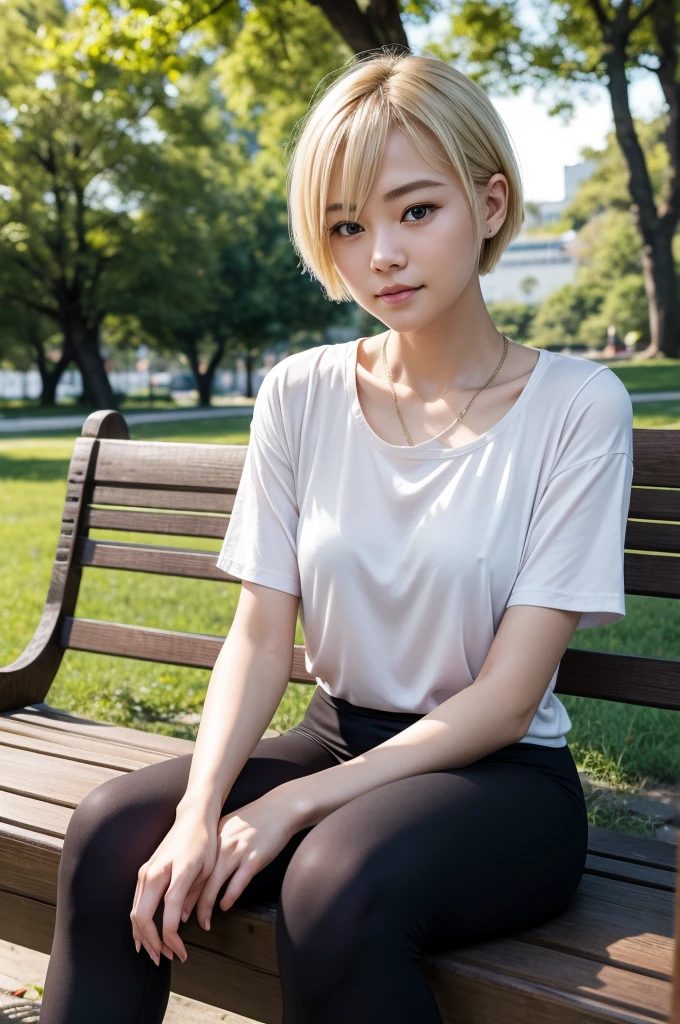 Ultra-realistic 8K CG, Picture-perfect face, "19An old woman、Blonde shorthair、Wearing casual clothes and relaxing in everyday life。She wears comfortable black leggings and a simple black top、I'm wearing white sneakers。sitting on a bench in the park、Having a calm and relaxing time。Her expression is filled with the joy of everyday life.、A warm atmosphere spreads around you。Through this scene、Please describe a relaxing moment in the daily life of a 23-year-old woman.。