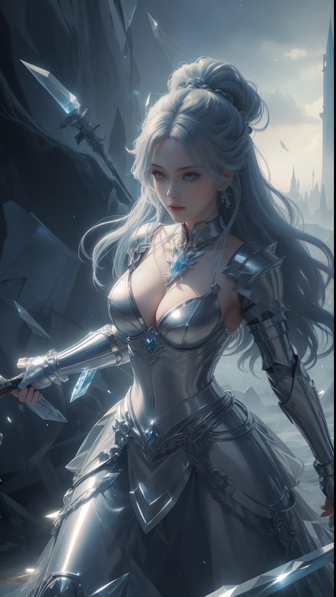tmasterpiece,Highest image quality,,Beautiful female knight full body portrait,Exquisite blue braid hairstyle,Clear eyes,The sword,armour,crystal,Ultra-detailed details,advanced。At the Pixiv Art Station,Break your own power,Luigi,Big breasts exposing cleavage,R-18G