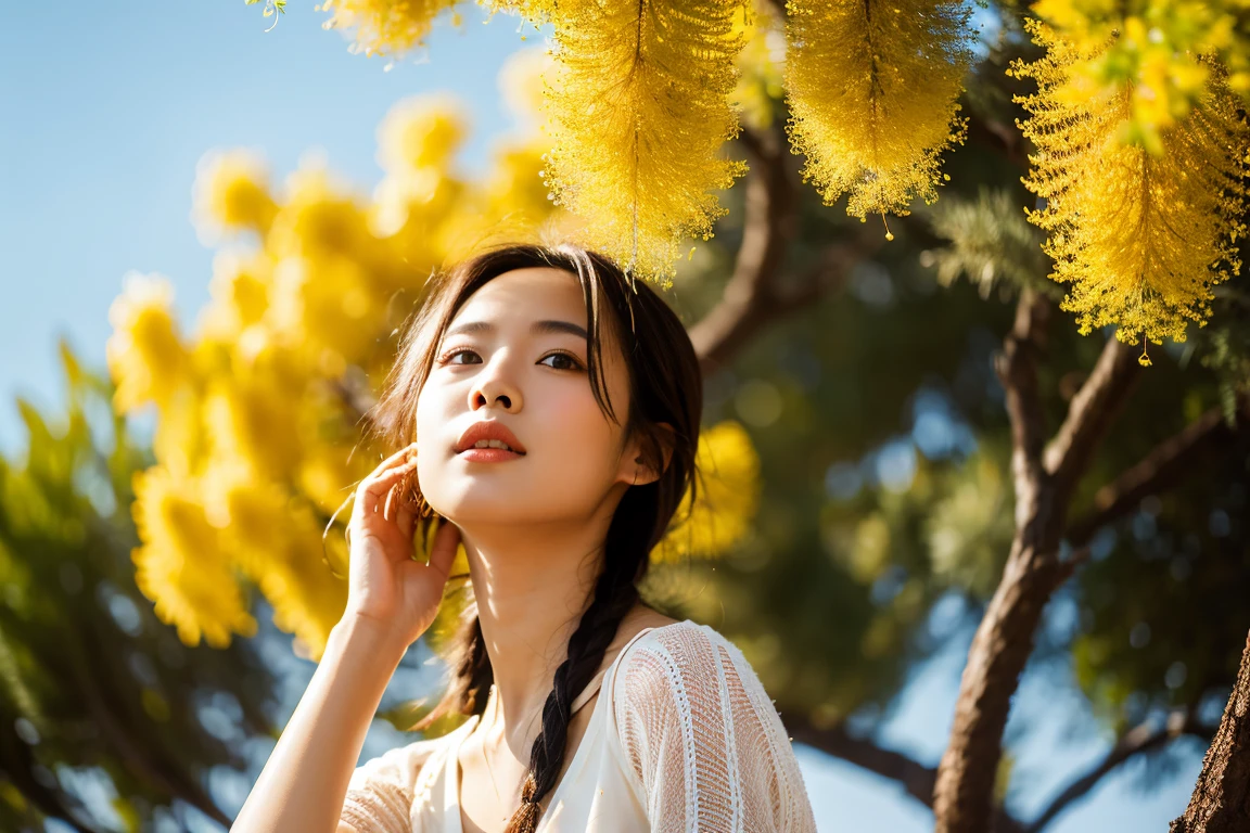 Photorealistic, image of asian woman, stand next to an acacia tree (Mimosa), I look up at the tree with awe.... women should wear casual clothes, suitable for warm climates, outdoor environment. The acacia tree should be partially visible, It is characterized by feather-like leaves and yellow flowers.。... The background should be a typical savannah or dry tropical environment, clear sky and sparse grassland, Capturing the beauty of the natural environment.