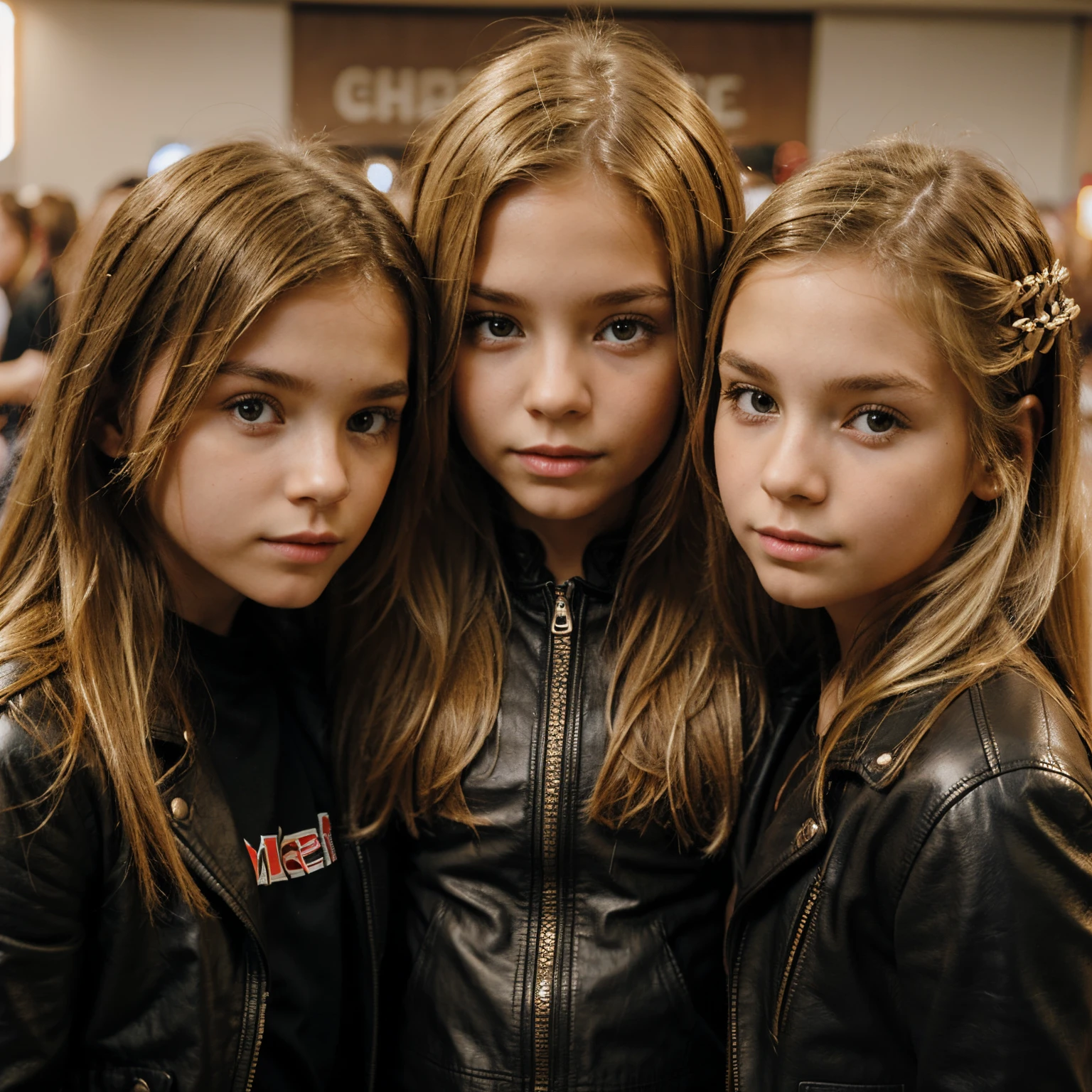 3 GIRLS BLONDE LONG HAIR CHILDREN IN LEATHER JACKET, A close up, DECIBEL