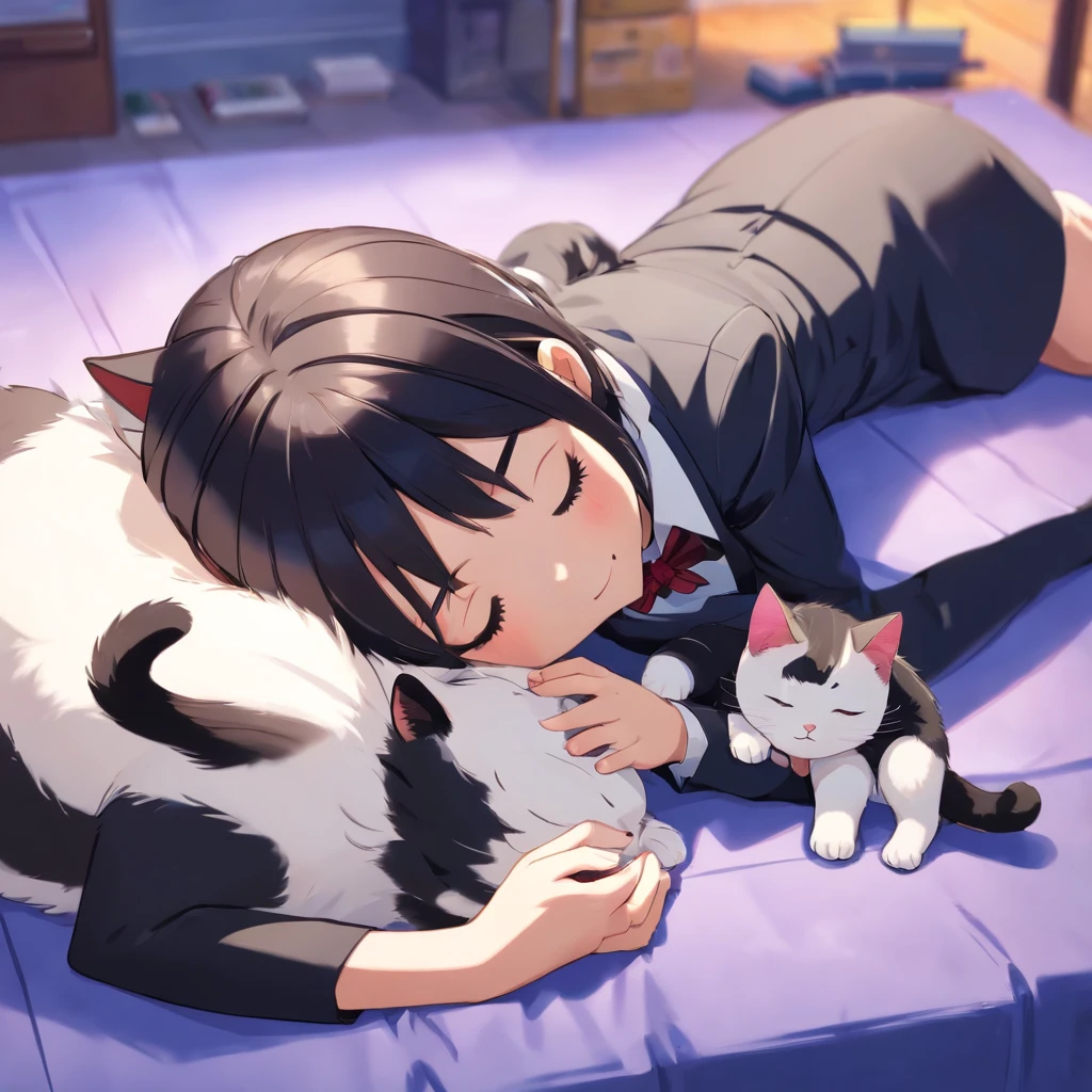 Cute isometric cat emoticon, tuxedo jack, black and white cat, Lie down and close your eyes after death